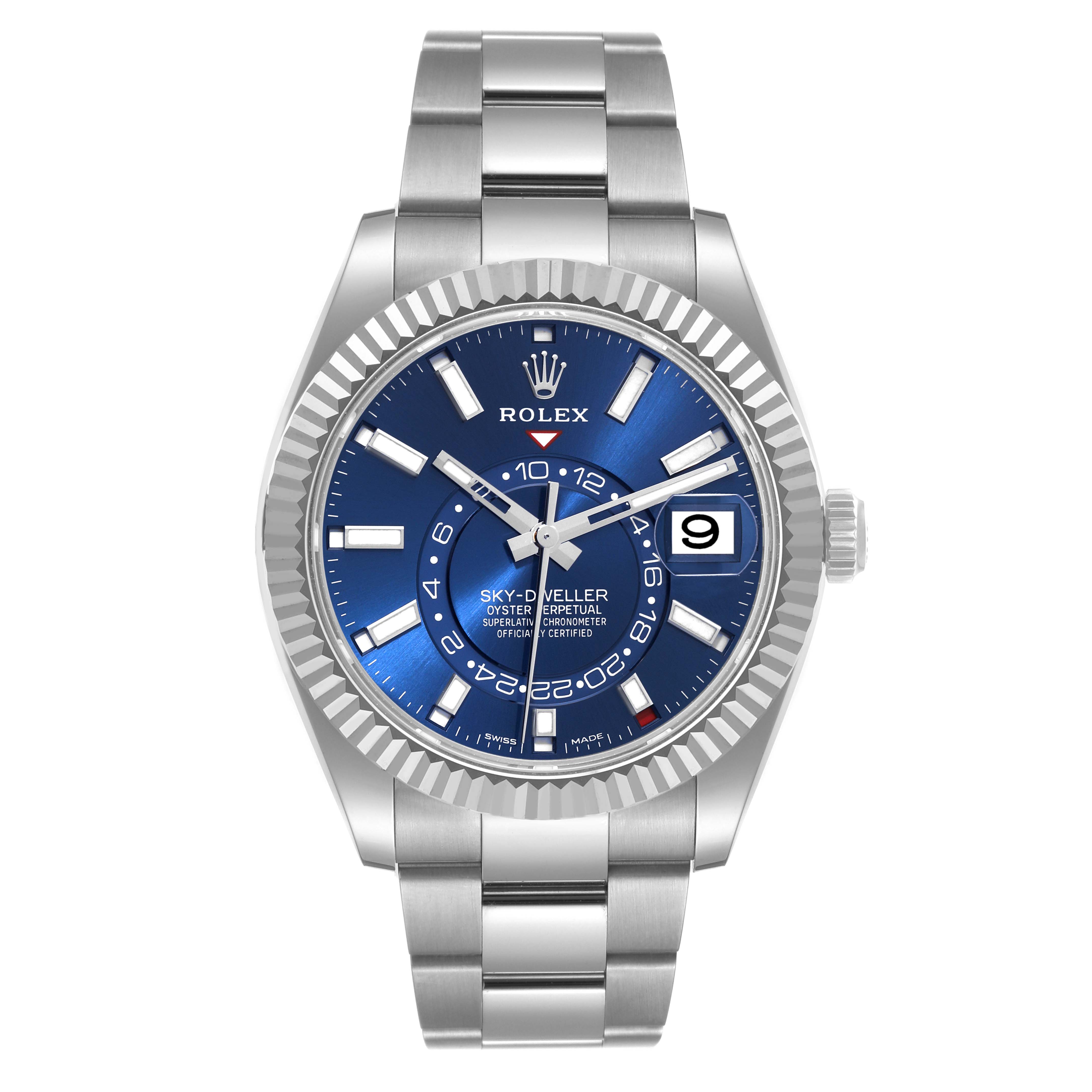 The image shows a front view of the Rolex Sky-Dweller 326934 Men's Stainless Steel Blue Dial 326934 Men's Stainless Steel Blue Dial watch with a blue dial, fluted bezel, and stainless steel bracelet.