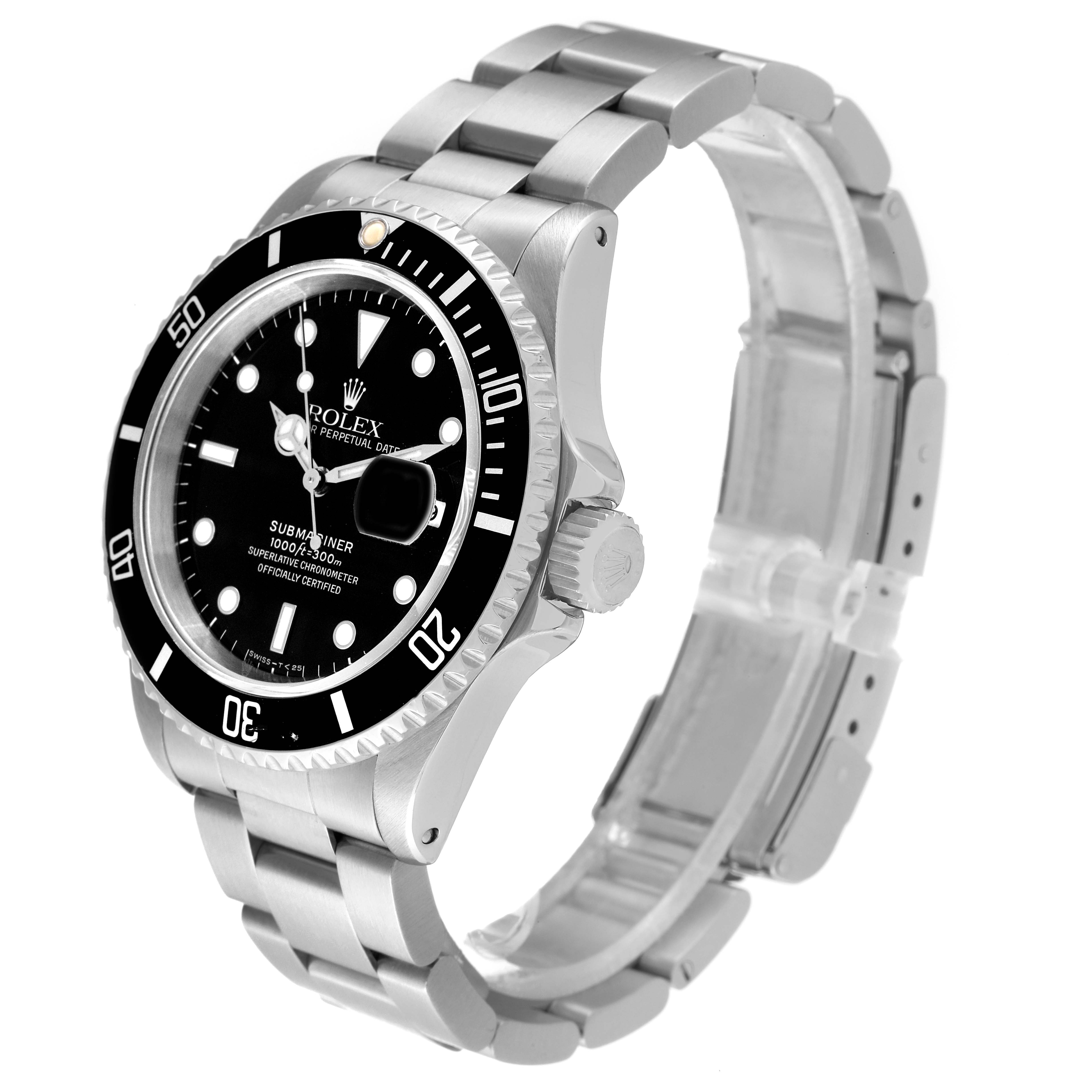 This image shows a Rolex Submariner 16610 Men
s Stainless Steel Black Dial 16610 Men
s Stainless Steel Black Dial watch from an angled side view, displaying the face, bezel, crown, and part of the bracelet.