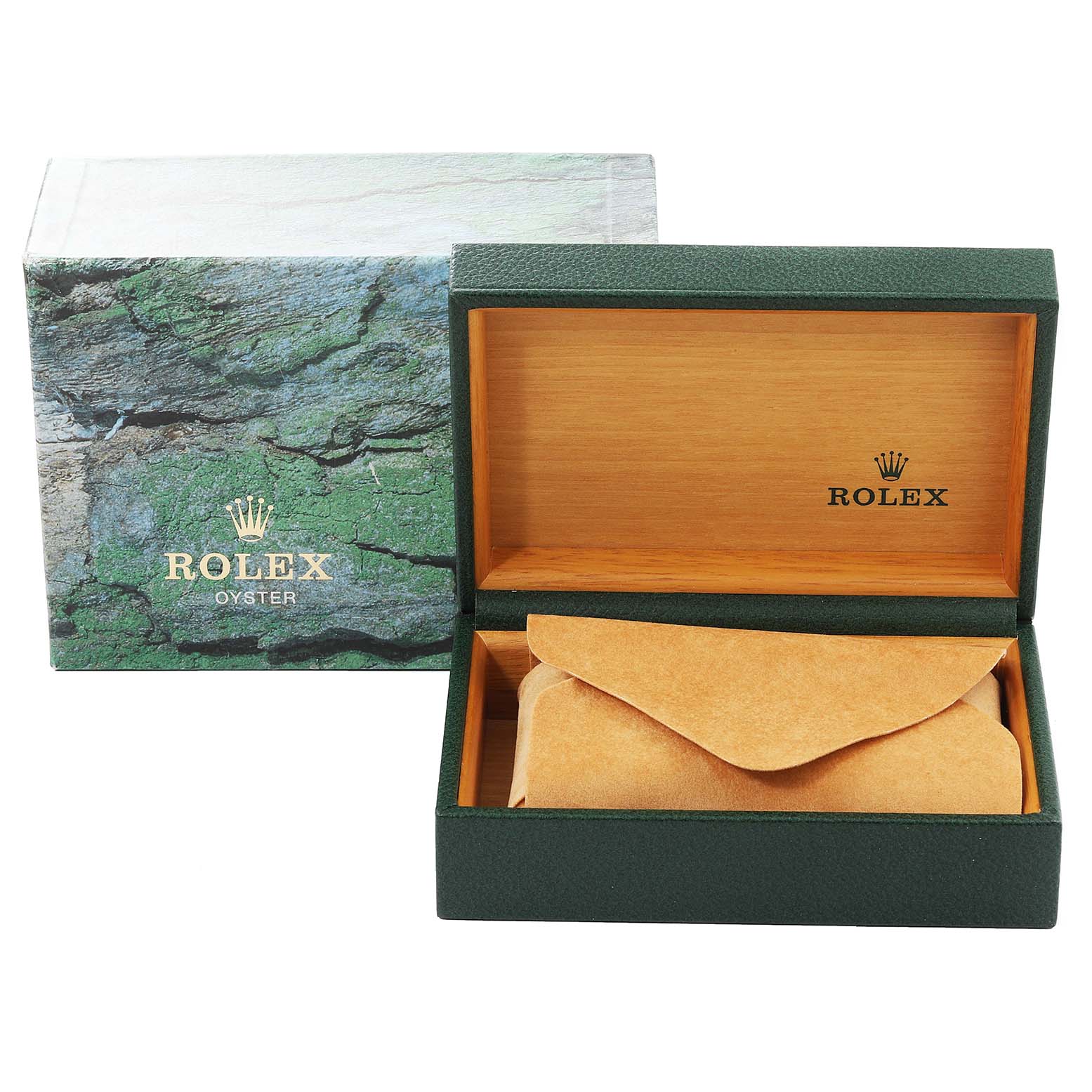 The image shows the box and packaging for a Rolex Submariner 16610 Men
s Stainless Steel Black Dial 16610 Men
s Stainless Steel Black Dial watch, including a green outer box and an open wooden inner box.