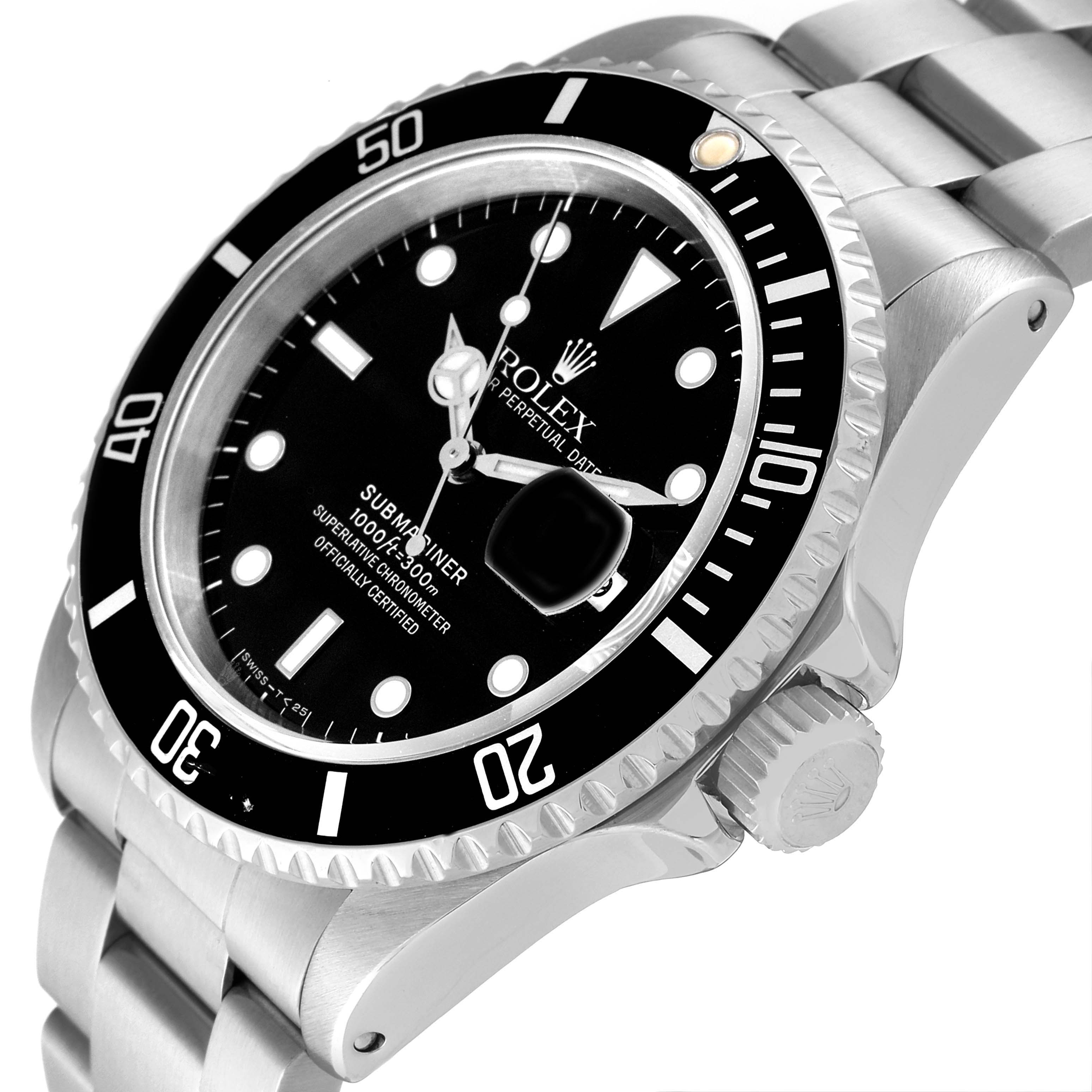 The image shows a close-up angle of the Rolex Submariner 16610 Men
s Stainless Steel Black Dial 16610 Men
s Stainless Steel Black Dial watch, highlighting its bezel, dial, crown, and bracelet.