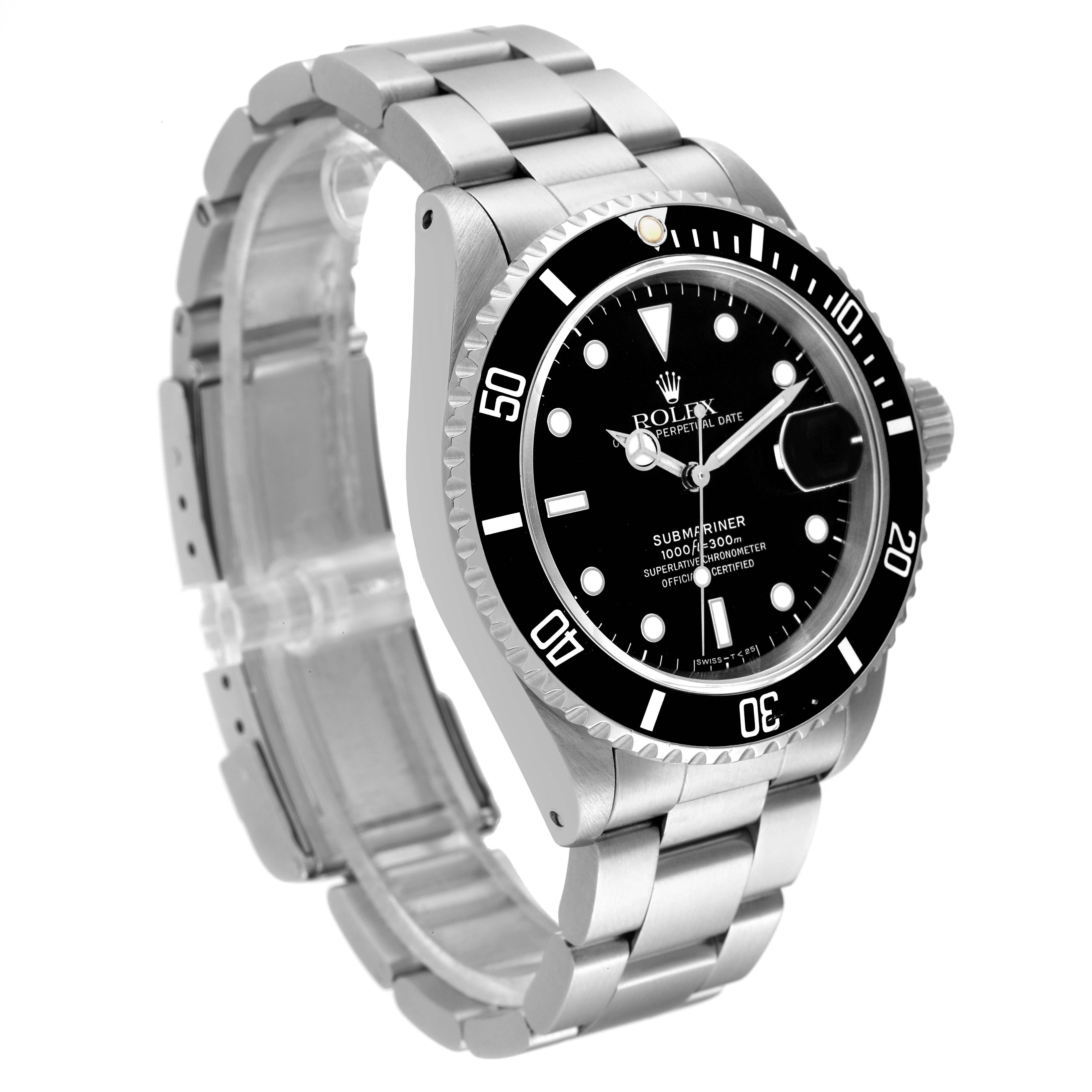 The image shows a Rolex Submariner 16610 Men
s Stainless Steel Black Dial 16610 Men
s Stainless Steel Black Dial watch from a tilted side angle, displaying the face, bezel, case, and bracelet.