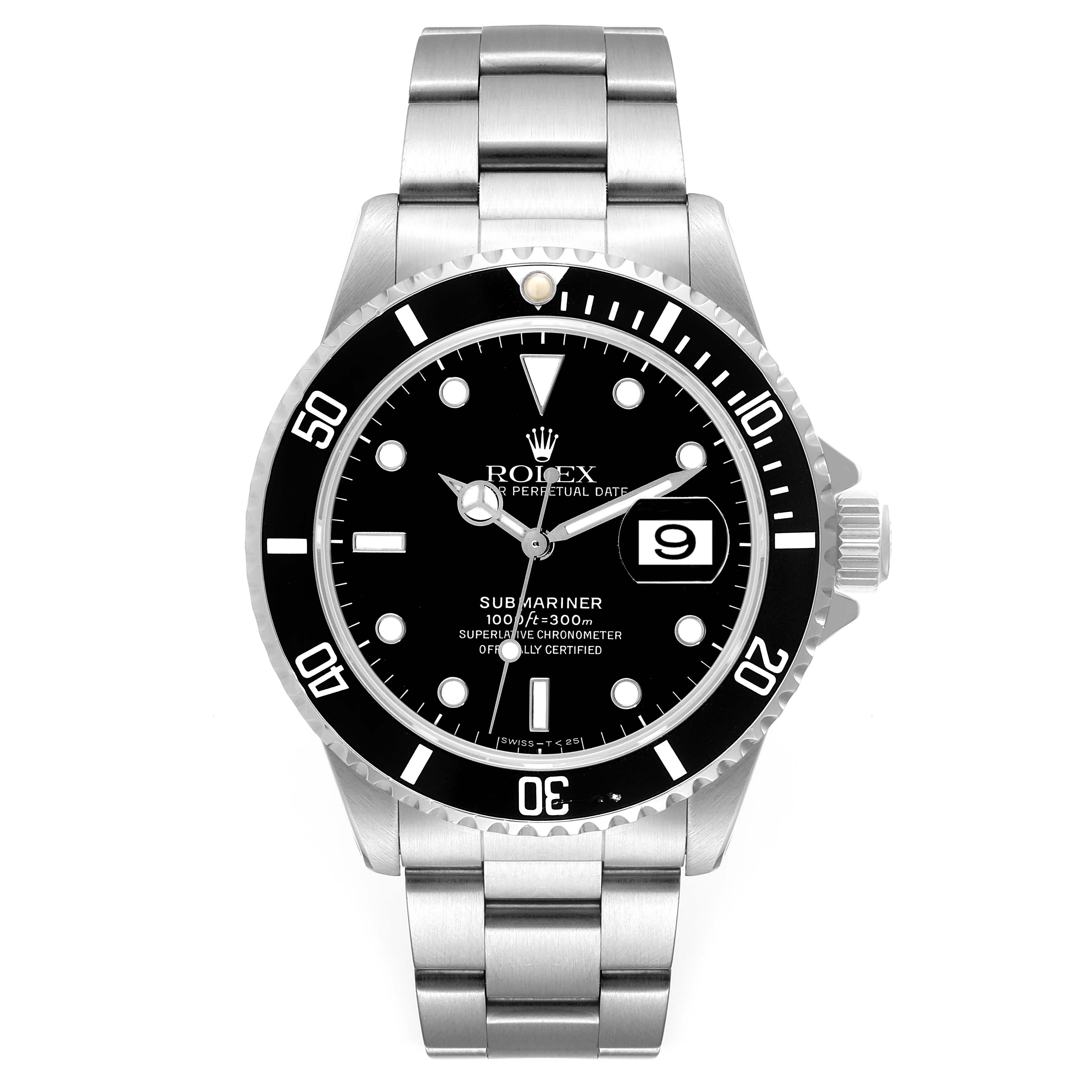 The image shows a front view of the Rolex Submariner 16610 Men
s Stainless Steel Black Dial 16610 Men
s Stainless Steel Black Dial, highlighting its black dial, bezel, metal bracelet, and date window.