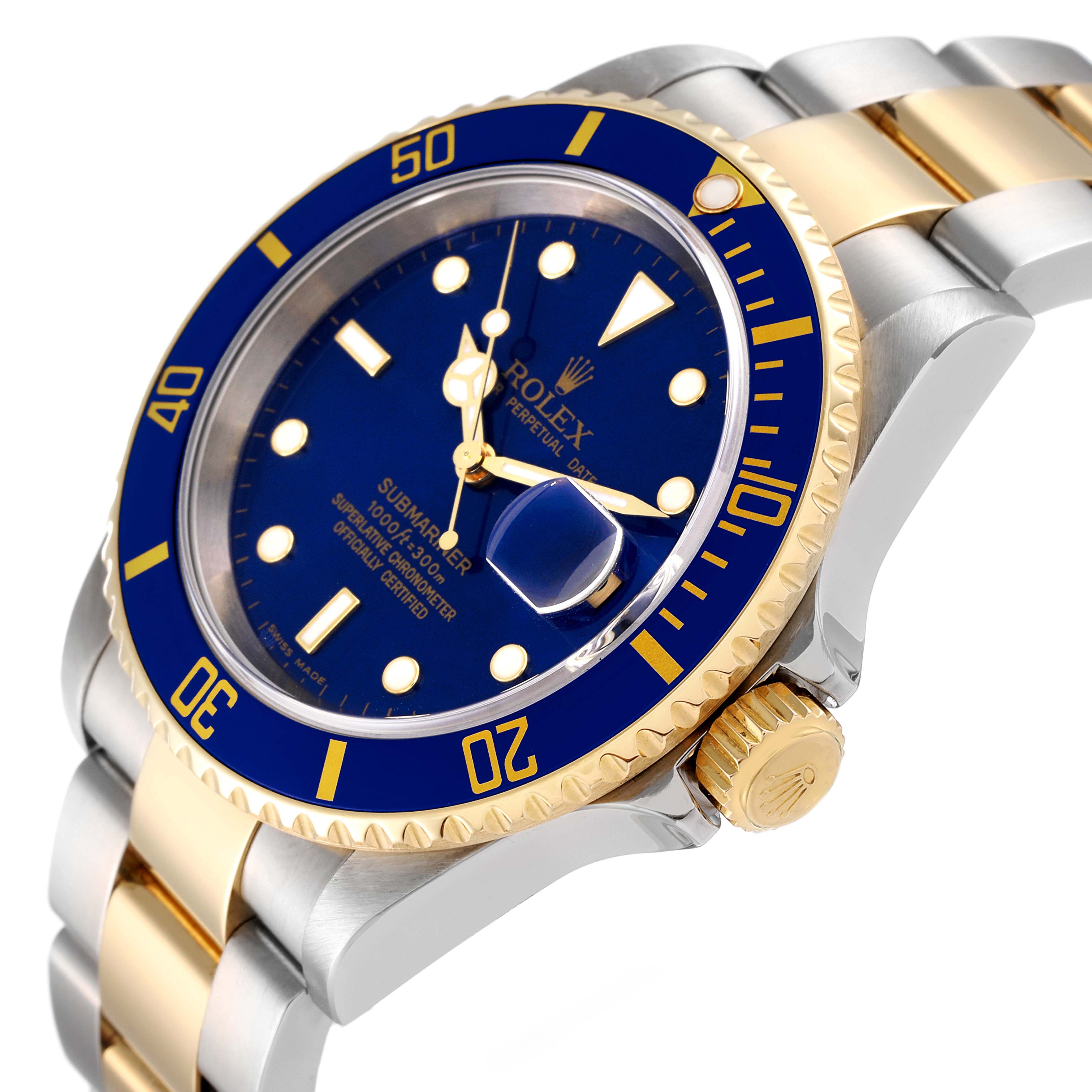This Rolex Submariner 16613 Men's Steel and Gold (two tone) Blue Dial 16613 Men's Steel and Gold (two tone) Blue Dial watch is shown from an angled close-up, highlighting the blue dial, bezel, and two-tone bracelet.