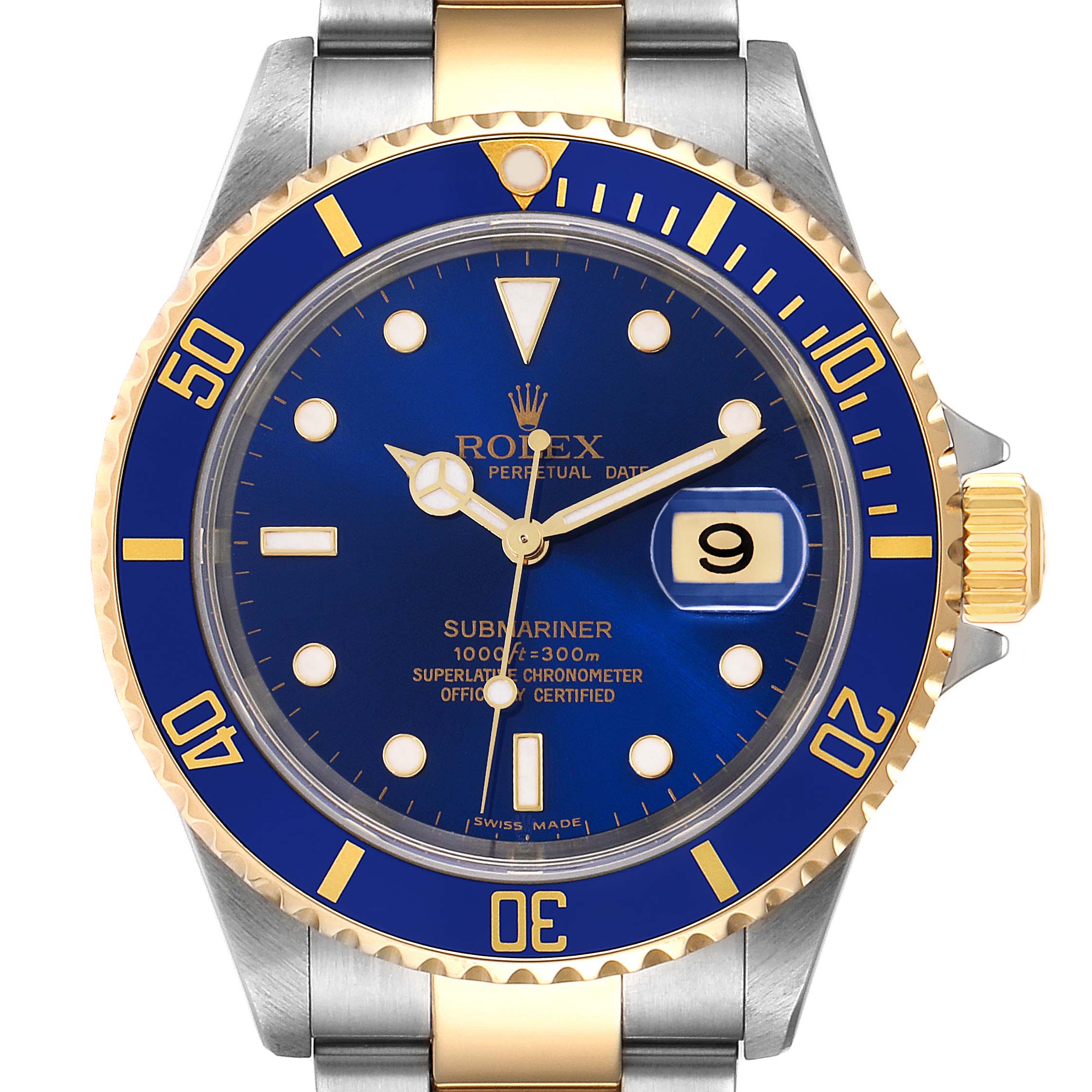 The image shows a frontal view of a Rolex Submariner 16613 Men's Steel and Gold (two tone) Blue Dial 16613 Men's Steel and Gold (two tone) Blue Dial watch, highlighting its blue dial, bezel, and bracelet.