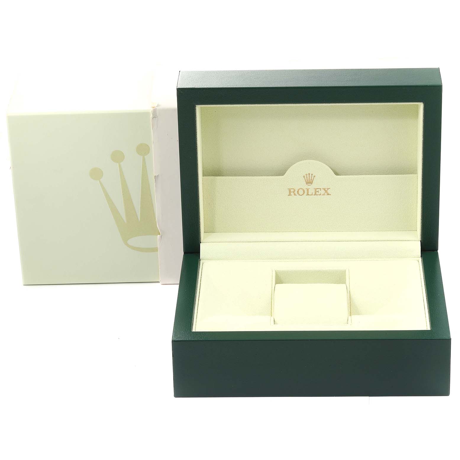 The image shows the green and cream packaging box for the Rolex Submariner 16613 Men's Steel and Gold (two tone) Blue Dial 16613 Men's Steel and Gold (two tone) Blue Dial watch, viewed from the front with the lid open.