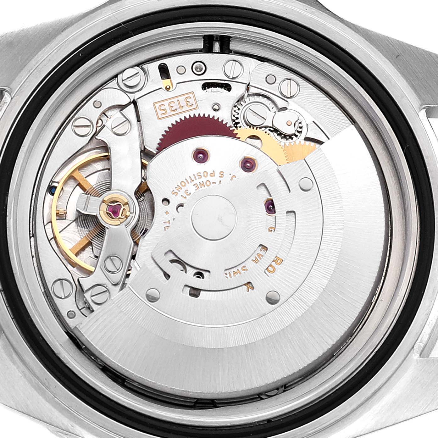 The image shows the intricate inner mechanism of the Rolex Submariner 16613 Men's Steel and Gold (two tone) Blue Dial 16613 Men's Steel and Gold (two tone) Blue Dial watch, viewed from the back.