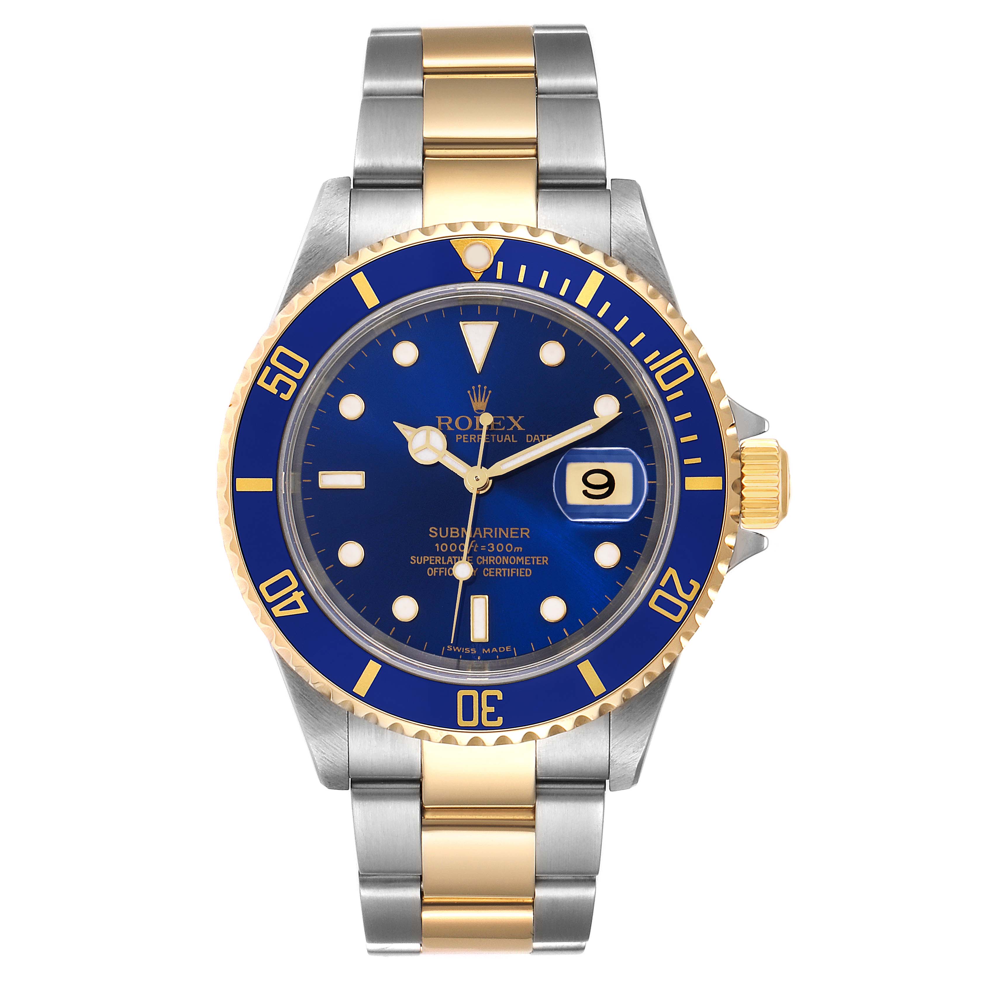 The Rolex Submariner 16613 Men's Steel and Gold (two tone) Blue Dial 16613 Men's Steel and Gold (two tone) Blue Dial watch is shown from the front, highlighting its blue dial, date display, and two-tone bracelet.