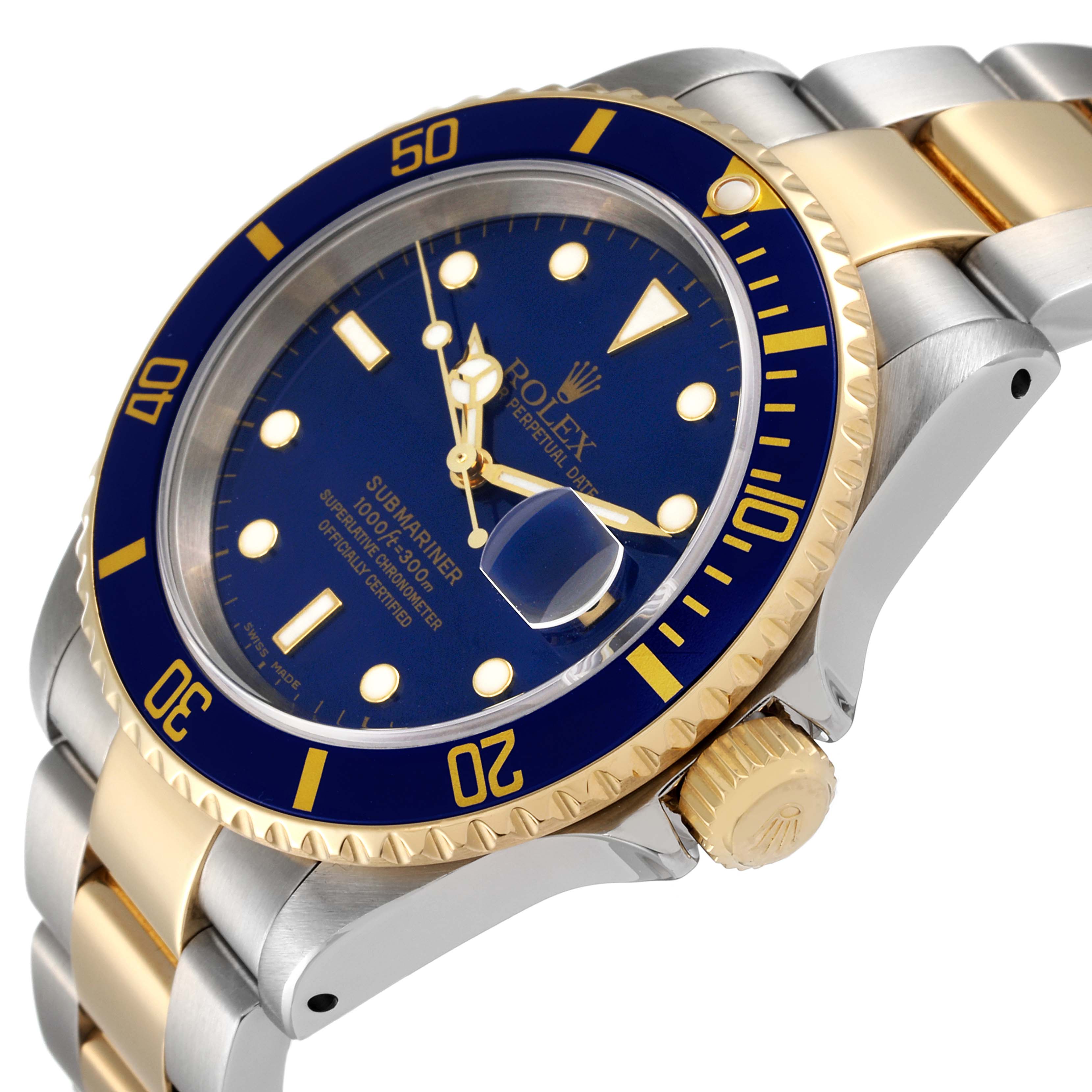 This image shows a close-up angled view of the Rolex Submariner 16613 Men's Steel and Gold (two tone) Blue Dial 16613 Men's Steel and Gold (two tone) Blue Dial, highlighting the blue and gold bezel, crown, and bracelet.