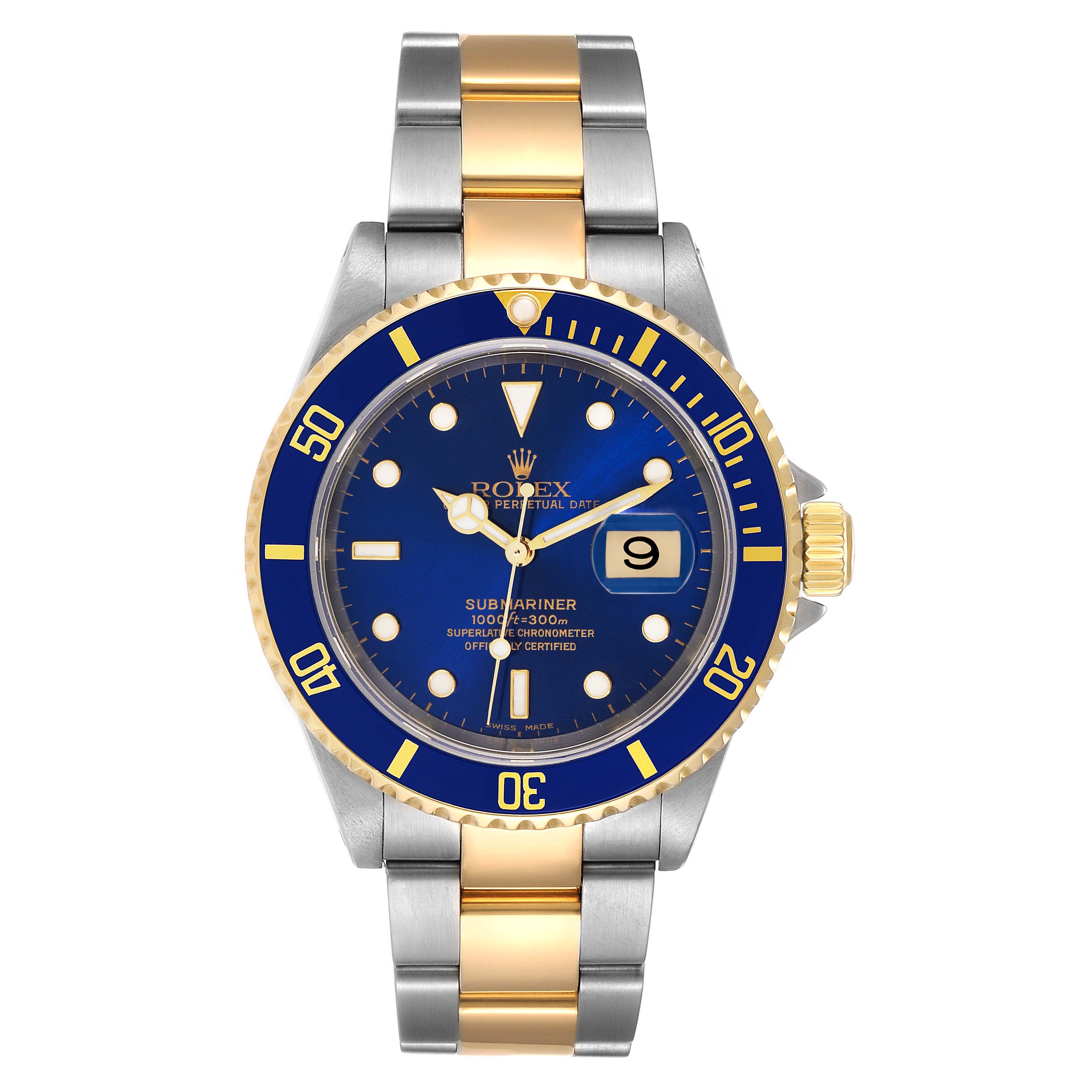 The image shows a Rolex Submariner 16613 Men's Steel and Gold (two tone) Blue Dial 16613 Men's Steel and Gold (two tone) Blue Dial watch taken from the front, highlighting the dial, bezel, and bracelet.
