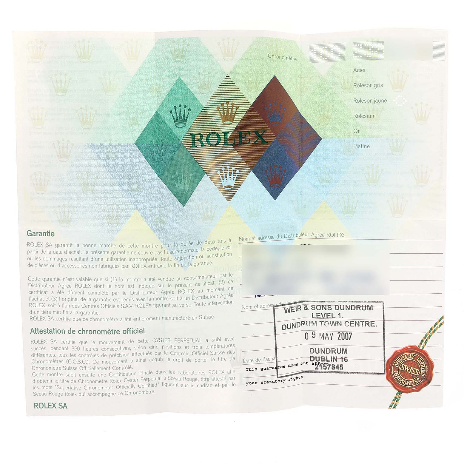 The image shows the warranty card and official chronometer certification for the Rolex Submariner 16613 Men
s Steel and Gold (two tone) Blue Dial 16613 Men
s Steel and Gold (two tone) Blue Dial model.