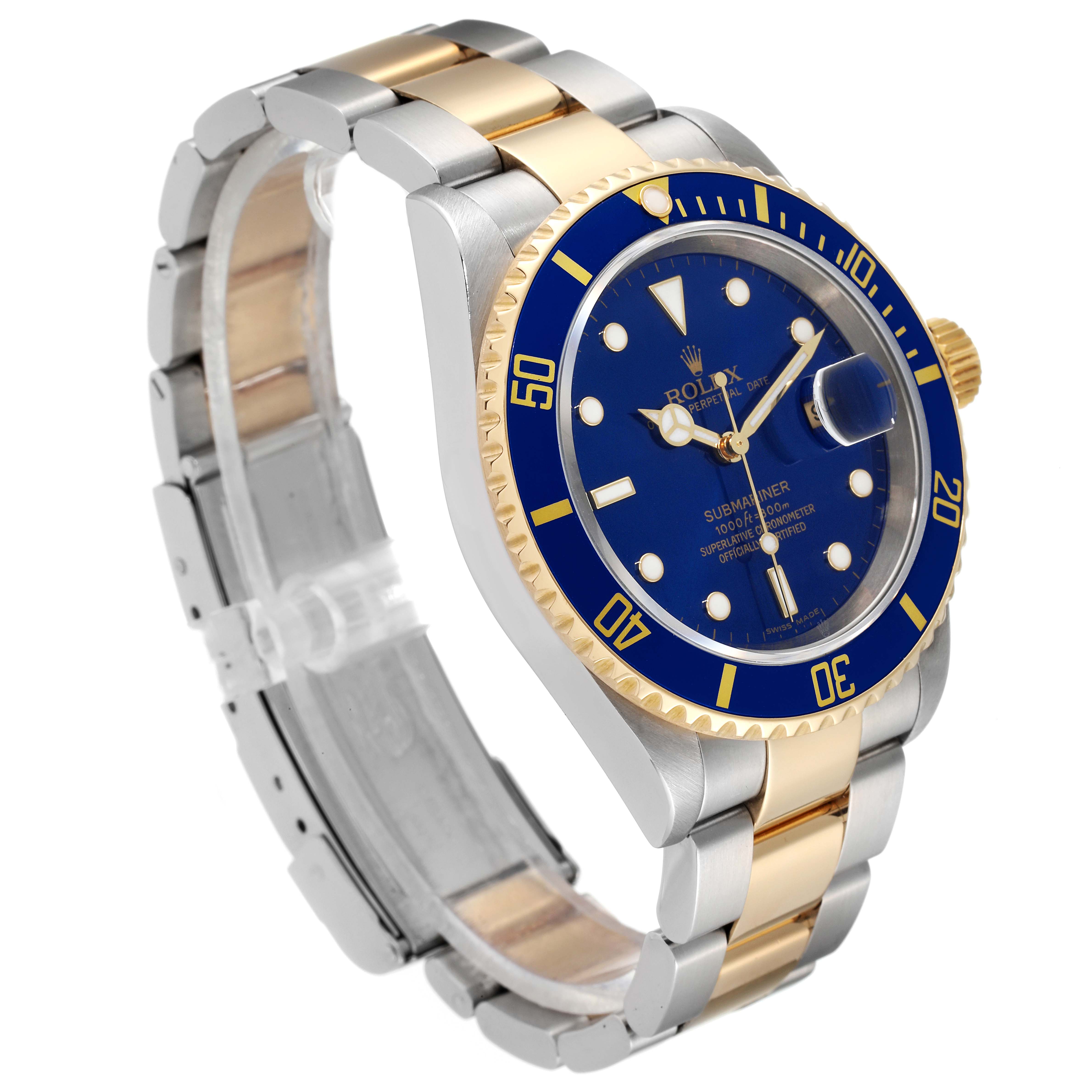 The image shows a Rolex Submariner 16613 Men
s Steel and Gold (two tone) Blue Dial 16613 Men
s Steel and Gold (two tone) Blue Dial watch from an angled side view, highlighting the blue bezel, dial, and two-tone metal bracelet.