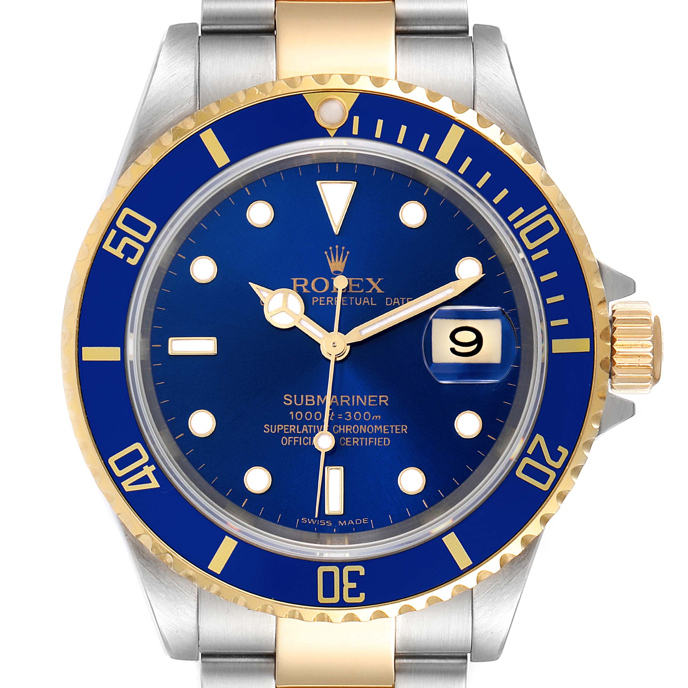 The image shows a front view of a Rolex Submariner 16613 Men
s Steel and Gold (two tone) Blue Dial 16613 Men
s Steel and Gold (two tone) Blue Dial watch with a blue dial and bezel, and a two-tone gold and silver bracelet.