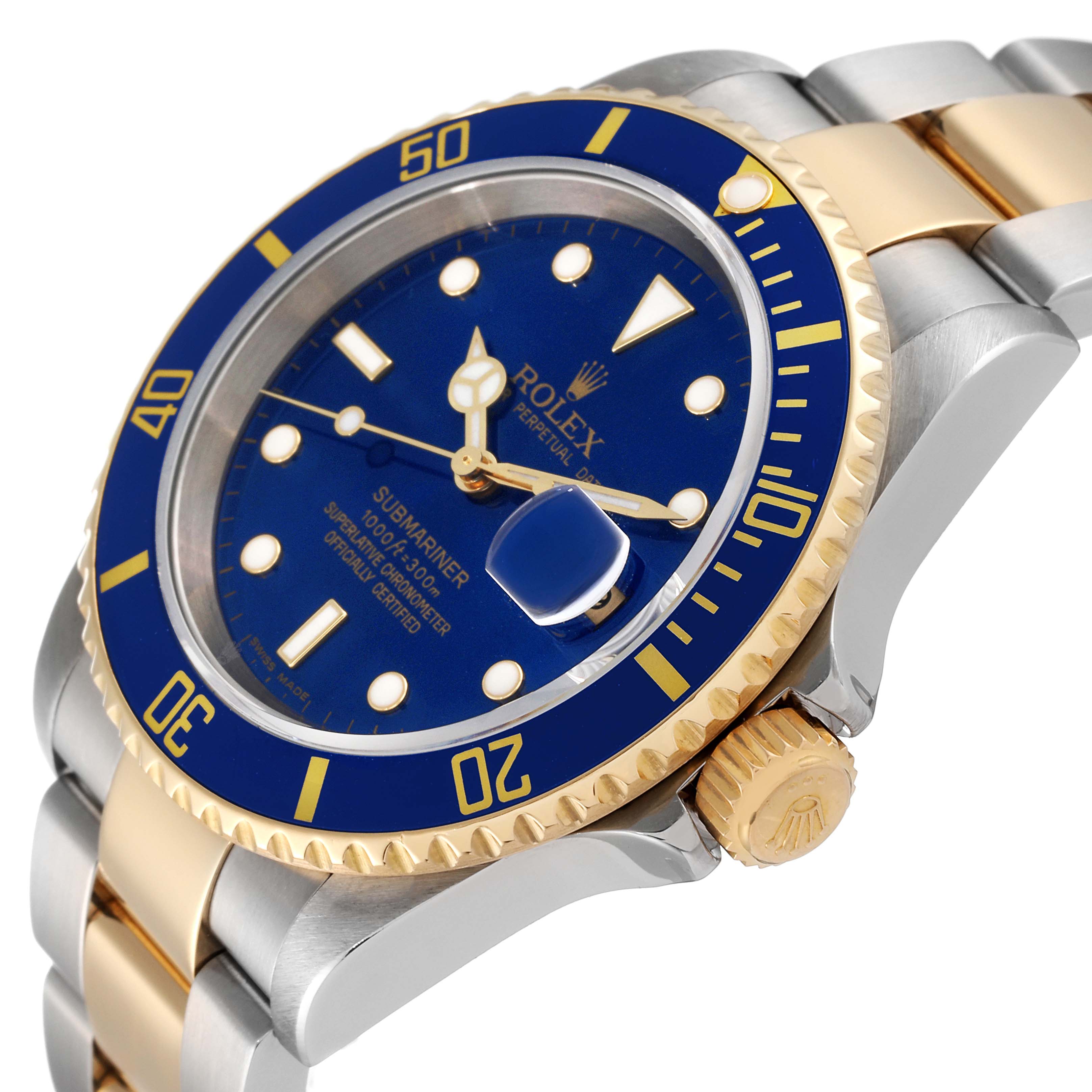 The image shows a close-up of the Rolex Submariner 16613 Men
s Steel and Gold (two tone) Blue Dial 16613 Men
s Steel and Gold (two tone) Blue Dial watch, highlighting the dial, bezel, crown, and part of the bracelet.