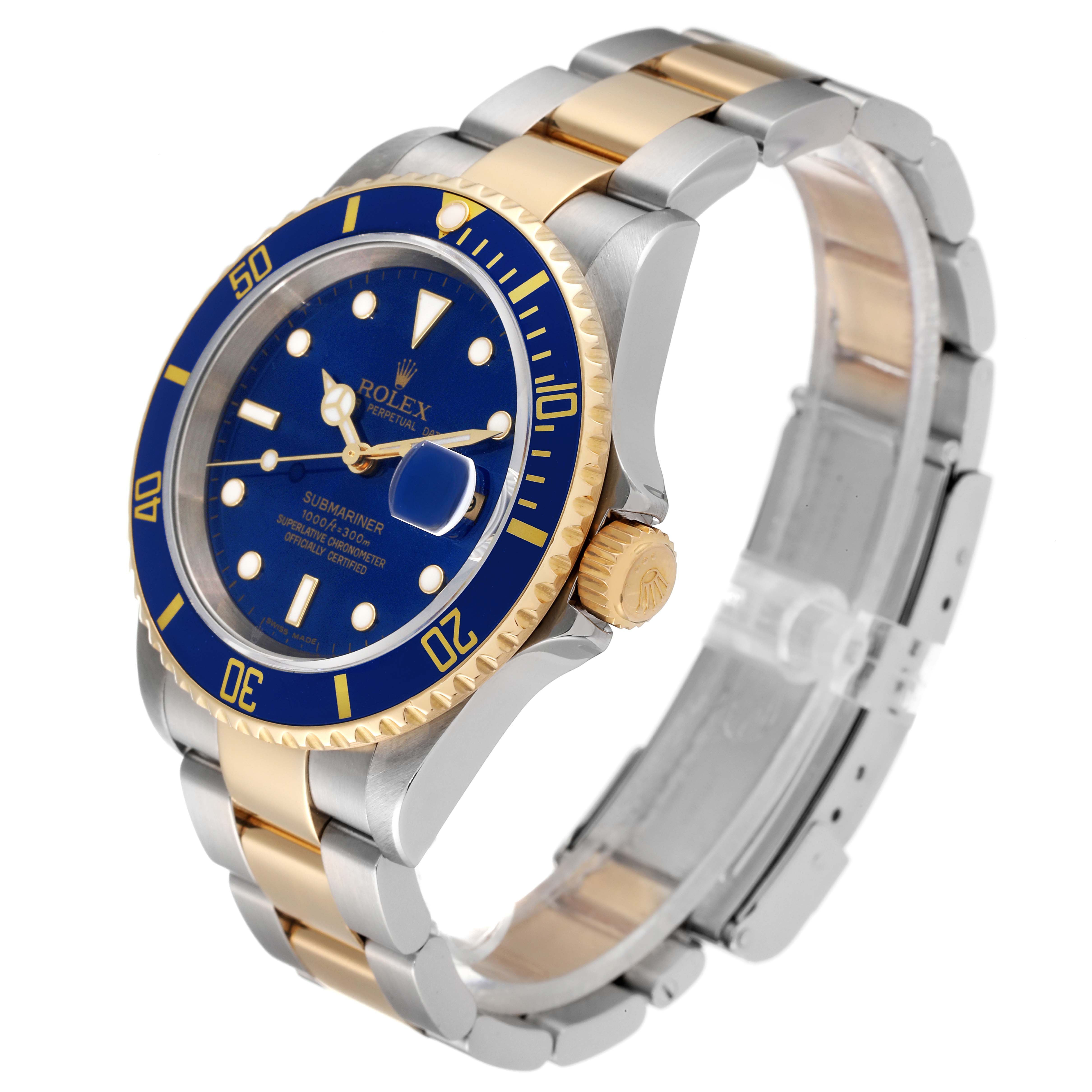 This Rolex Submariner 16613 Men
s Steel and Gold (two tone) Blue Dial 16613 Men
s Steel and Gold (two tone) Blue Dial watch is shown at a three-quarter angle, displaying its blue dial, gold bezel, crown, and two-tone bracelet.