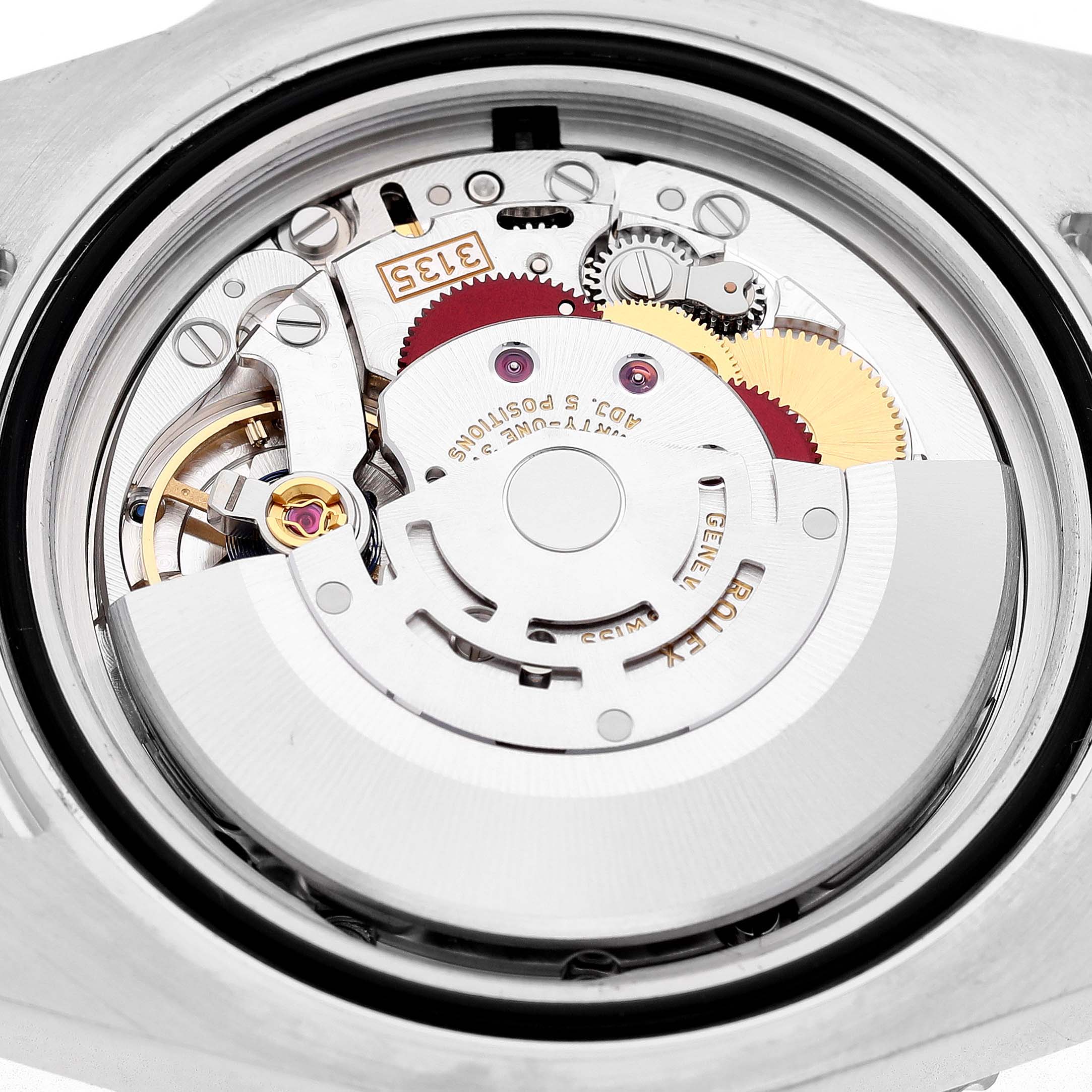 The image shows the Rolex Submariner M116610LN-0001 Men's Stainless Steel Black Dial's movement from the back, highlighting the intricate gears and mechanics.