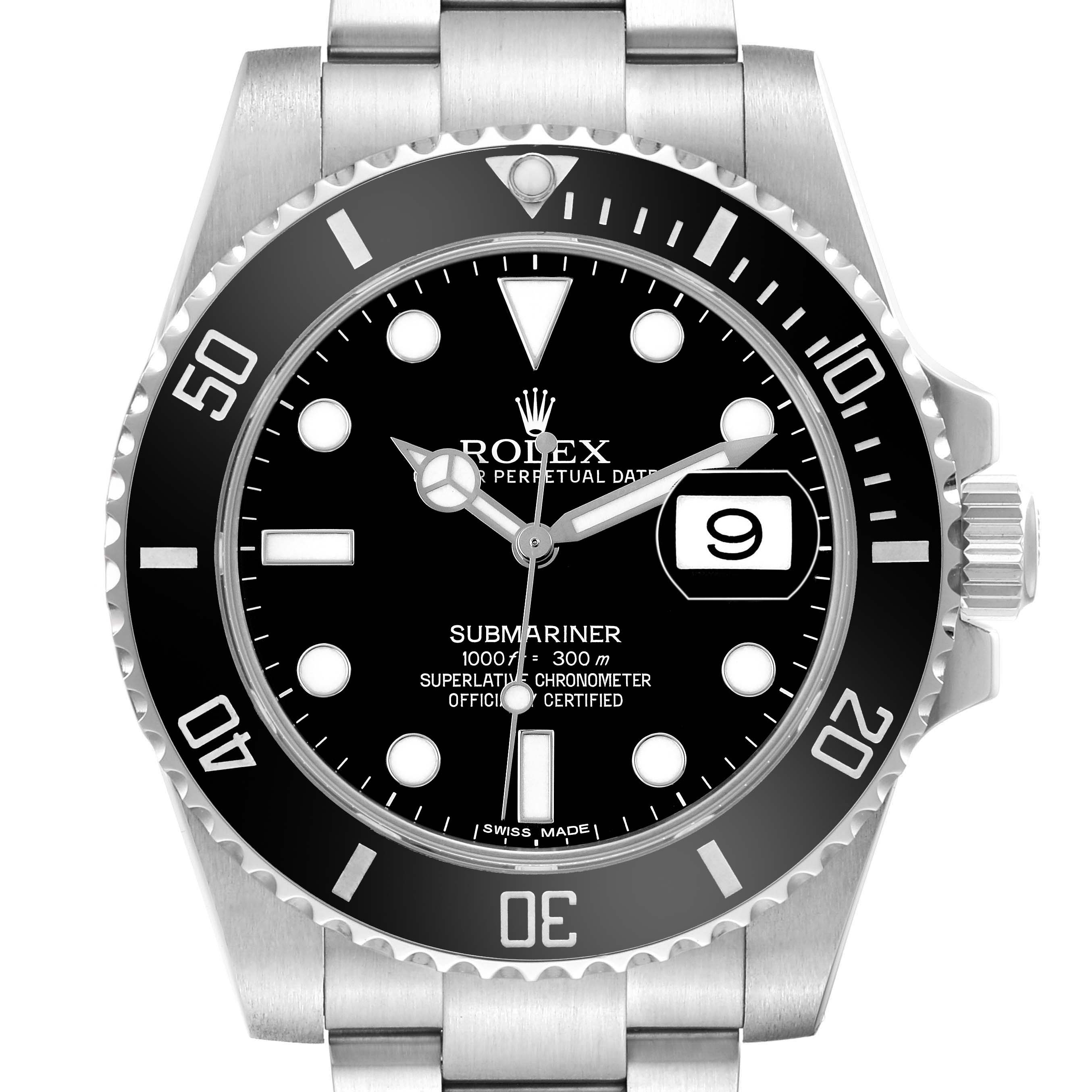 The Rolex Submariner M116610LN-0001 Men's Stainless Steel Black Dial watch is shown from a front angle, displaying its dial, bezel, and parts of the bracelet.