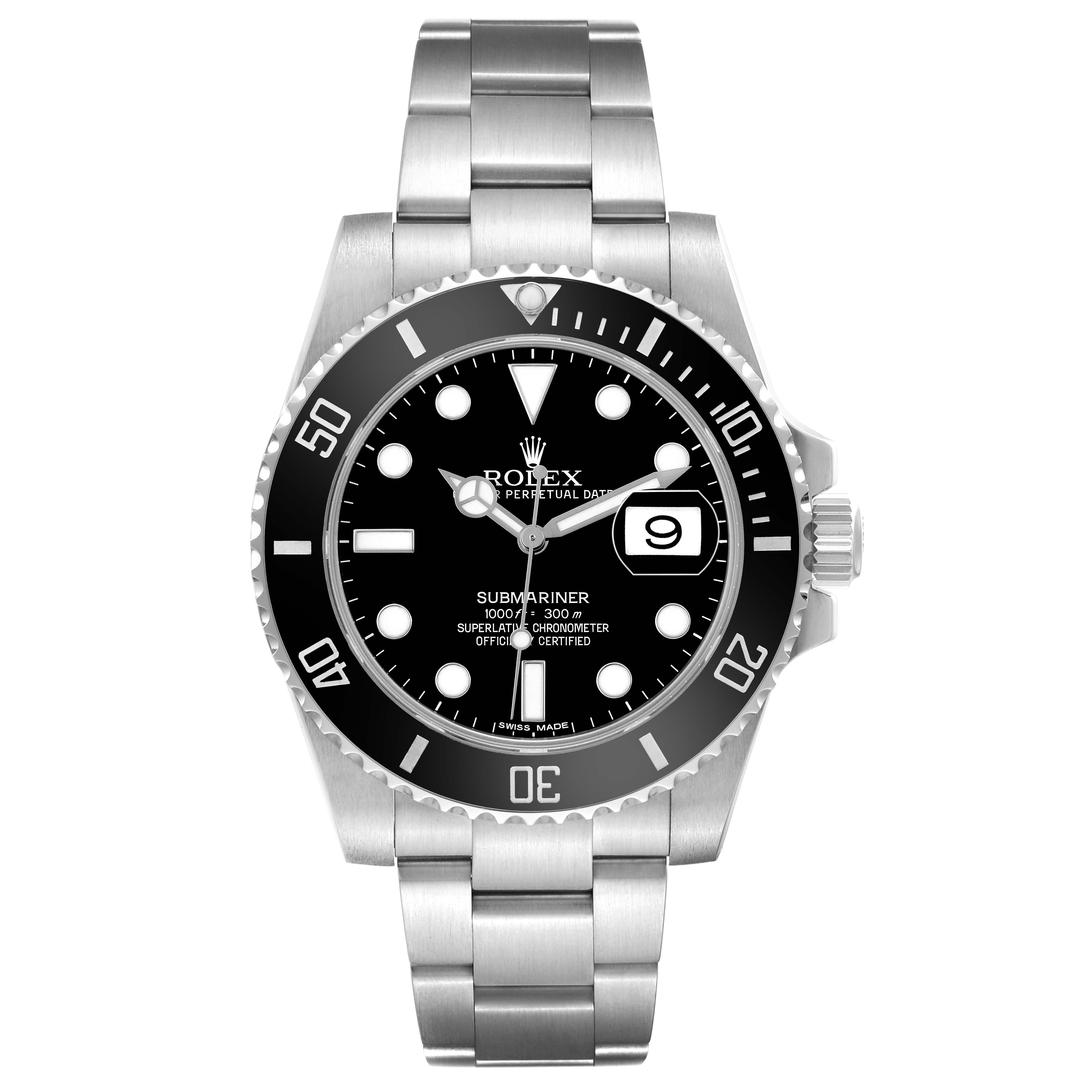 The Rolex Submariner M116610LN-0001 Men's Stainless Steel Black Dial watch is shown from a front angle, displaying its dial, bezel, bracelet, and date window.