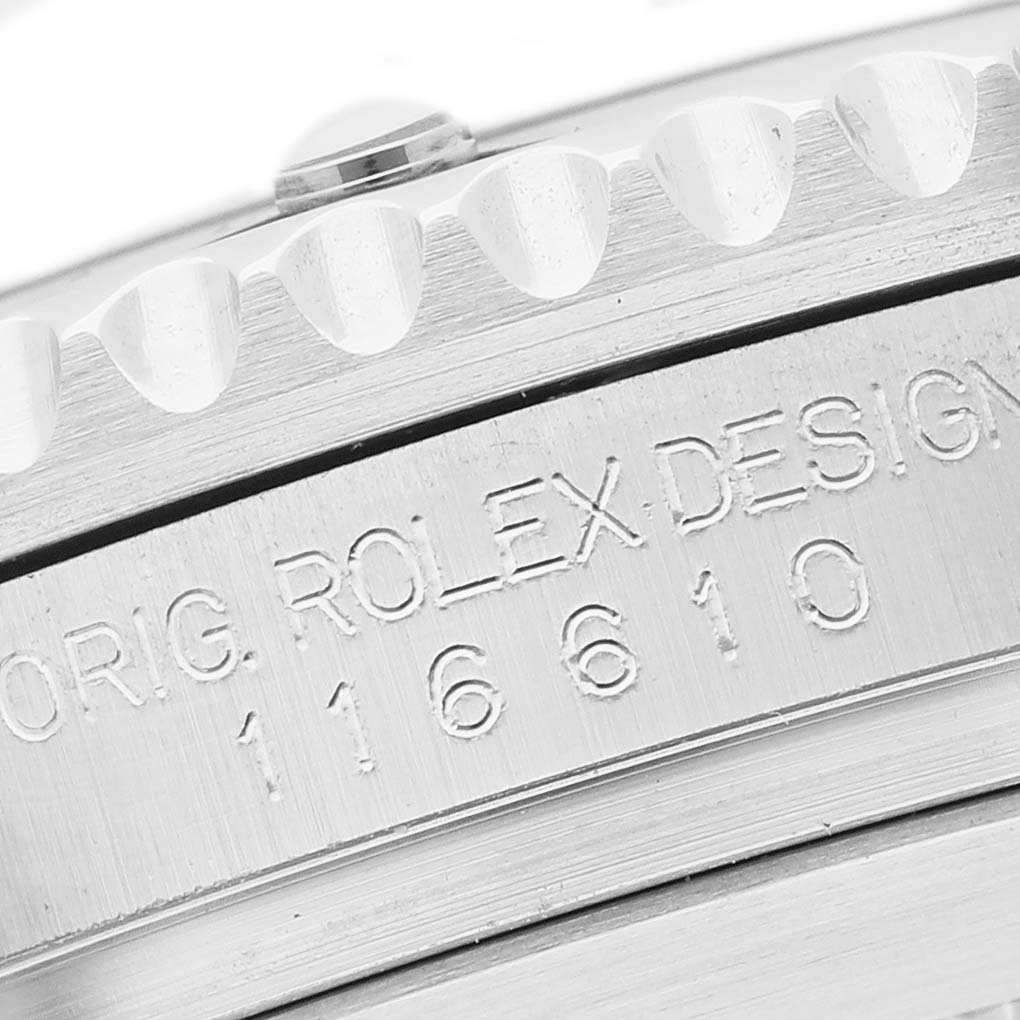 This close-up shows the side view of a Rolex Submariner M116610LN-0001 Men's Stainless Steel Black Dial, highlighting its engraved model number and design details.