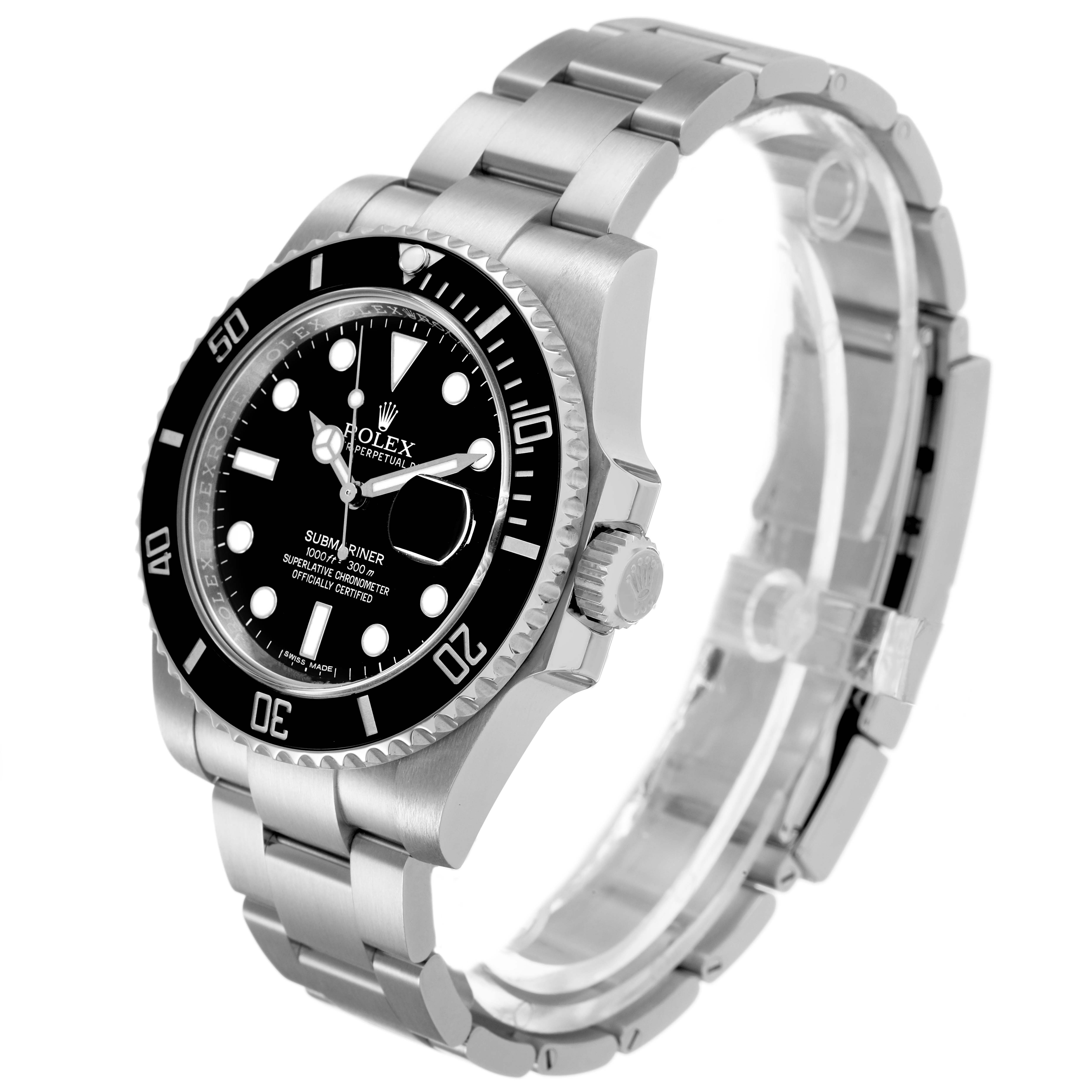 The Rolex Submariner M116610LN-0001 Men's Stainless Steel Black Dial watch is shown at a three-quarter angle, displaying its bezel, dial, and bracelet.