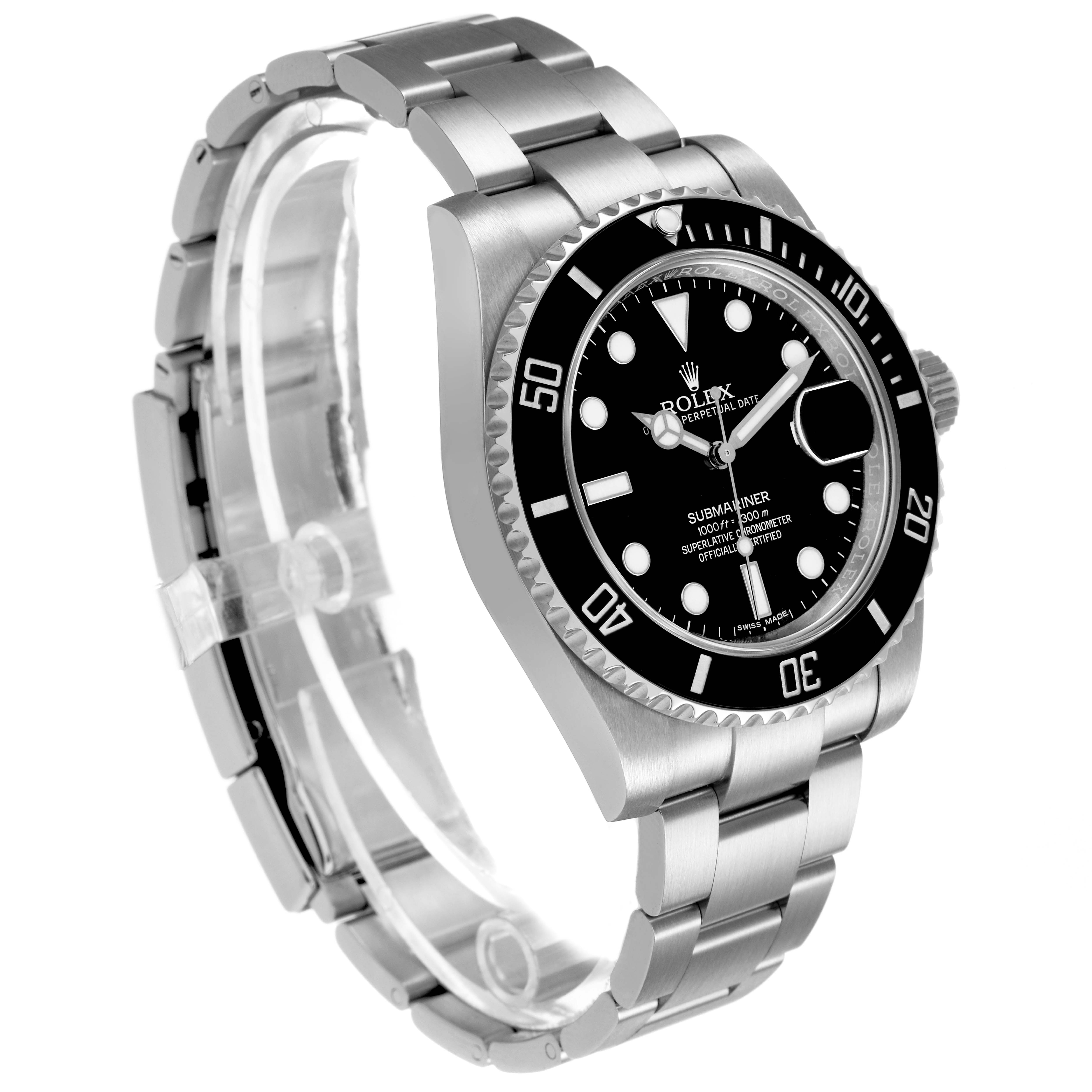 The Rolex Submariner M116610LN-0001 Men's Stainless Steel Black Dial watch is shown at a three-quarter angle, displaying its bezel, face, and bracelet.
