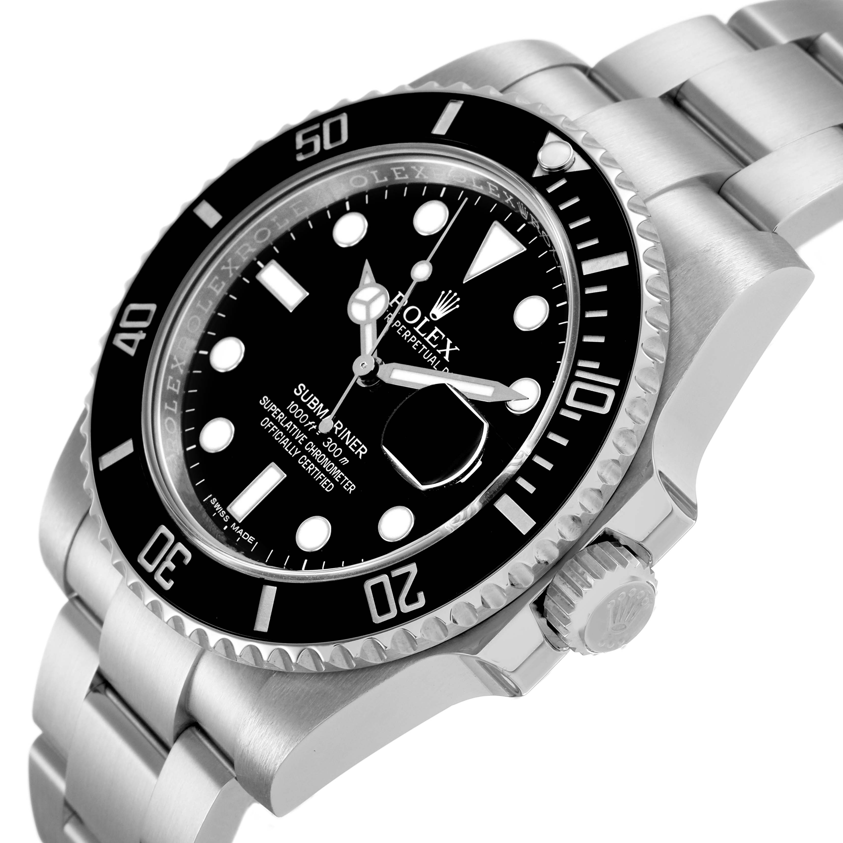 The Rolex Submariner M116610LN-0001 Men's Stainless Steel Black Dial watch is shown at a three-quarter angle highlighting the bezel, dial, crown, and bracelet.