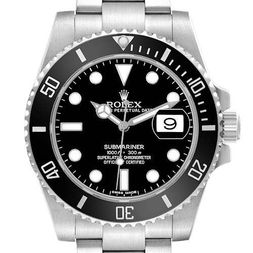 The Rolex Submariner M116610LN-0001 Men's Stainless Steel Black Dial watch is shown from the front, highlighting its dial, bezel, crown, and part of the bracelet.