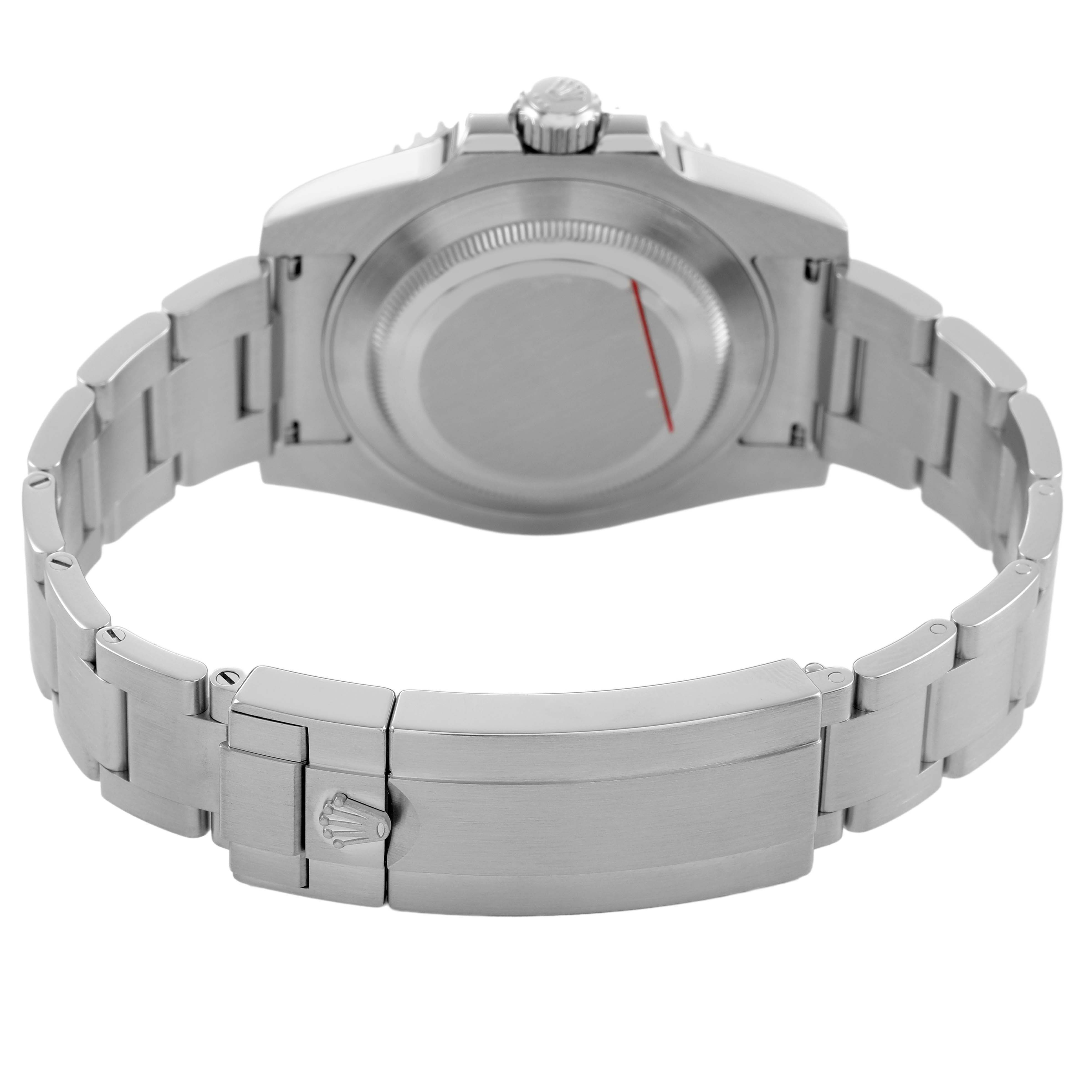 The image shows the back of a Rolex Submariner M116610LN-0001 Men's Stainless Steel Black Dial, highlighting the case back, crown, and bracelet clasp.