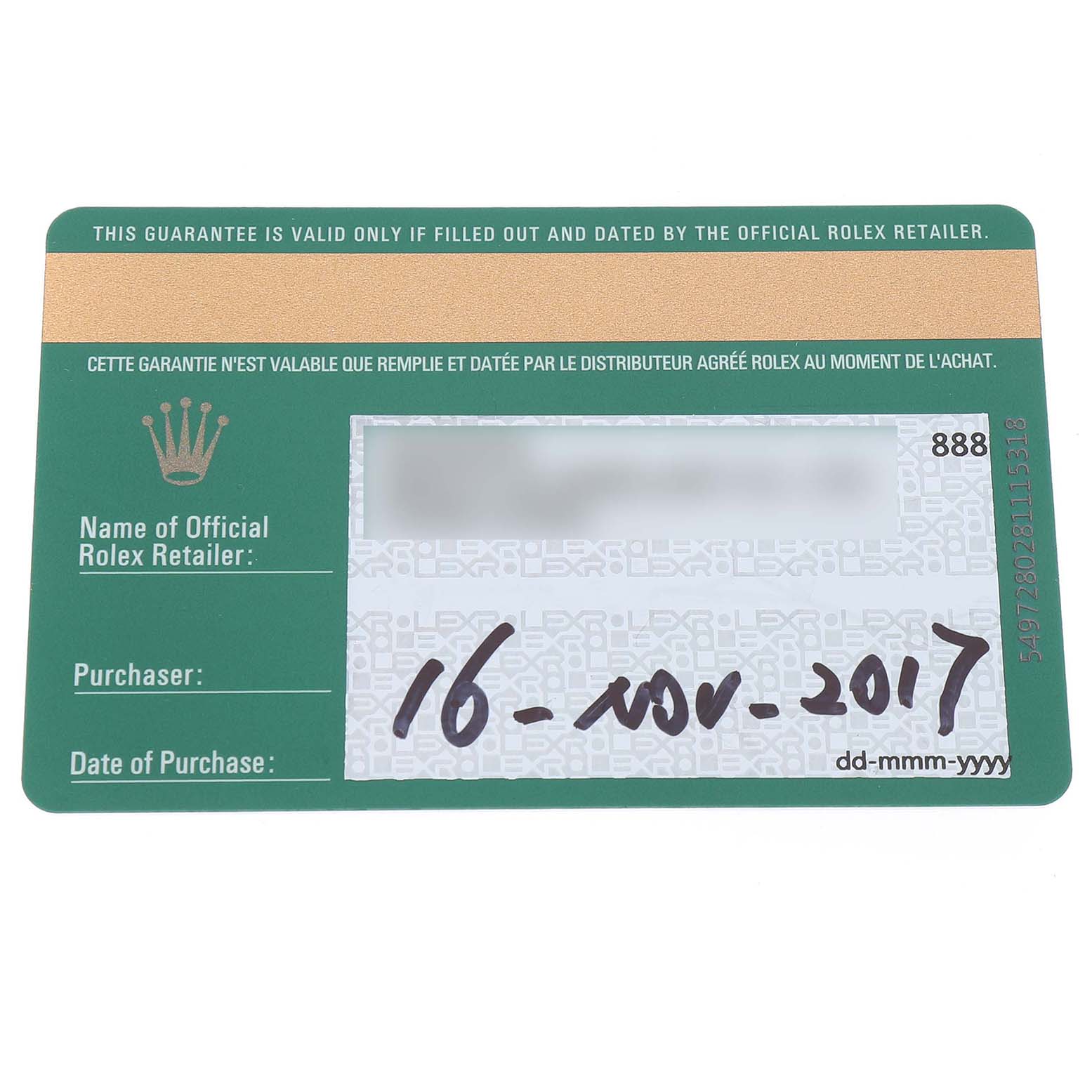 The image shows a warranty card for a Rolex Submariner 114060 Men's Stainless Steel Black Dial, displaying retailer information and purchase date.