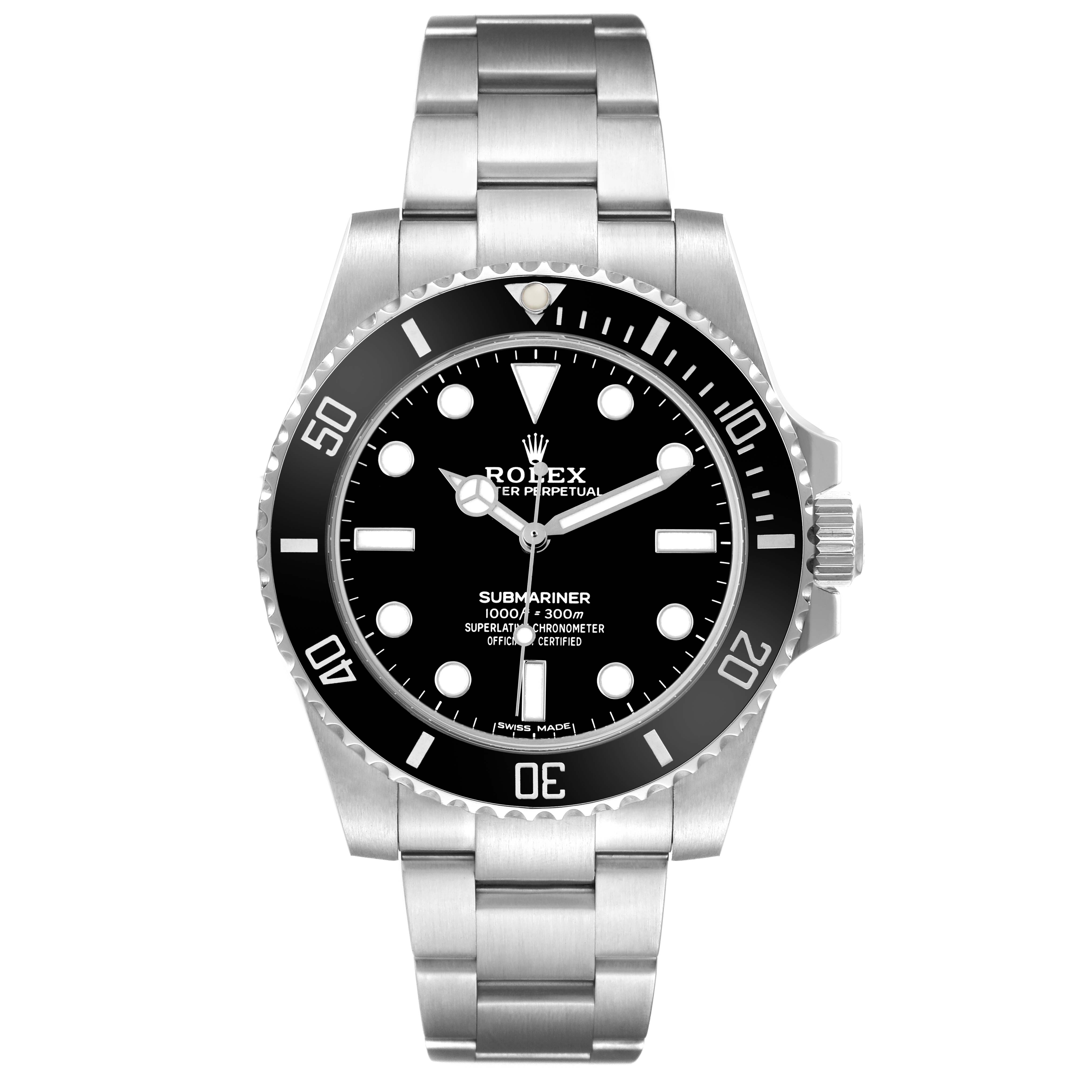 The Rolex Submariner 114060 Men's Stainless Steel Black Dial watch is shown from a front angle, displaying its dial, bezel, and bracelet.