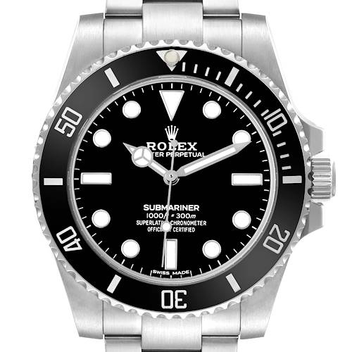 The Rolex Submariner 114060 Men's Stainless Steel Black Dial watch is shown from the front, displaying its bezel, dial, hands, and part of the bracelet.