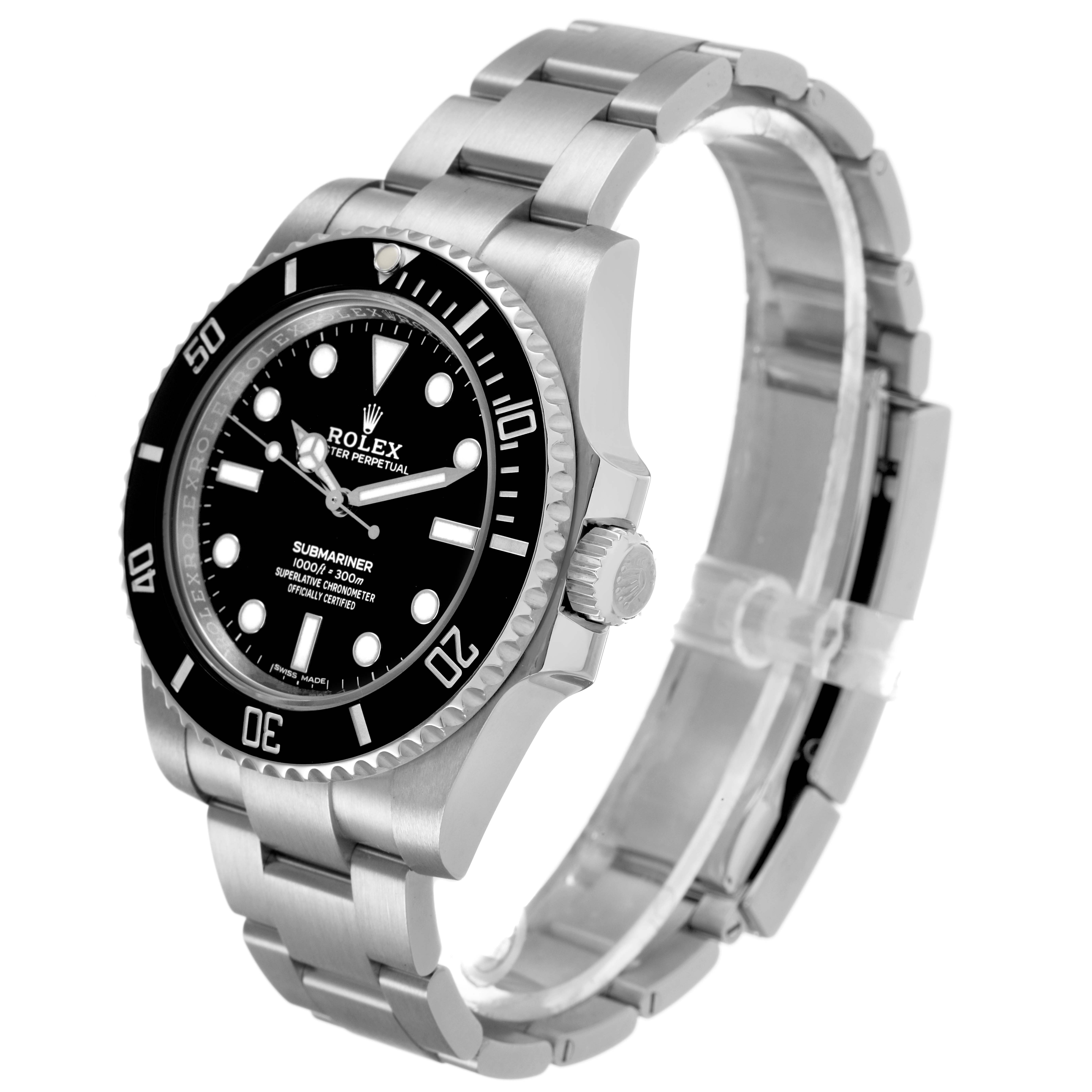 The Rolex Submariner 114060 Men's Stainless Steel Black Dial watch is shown from a front angle, displaying the dial, bezel, crown, and bracelet.