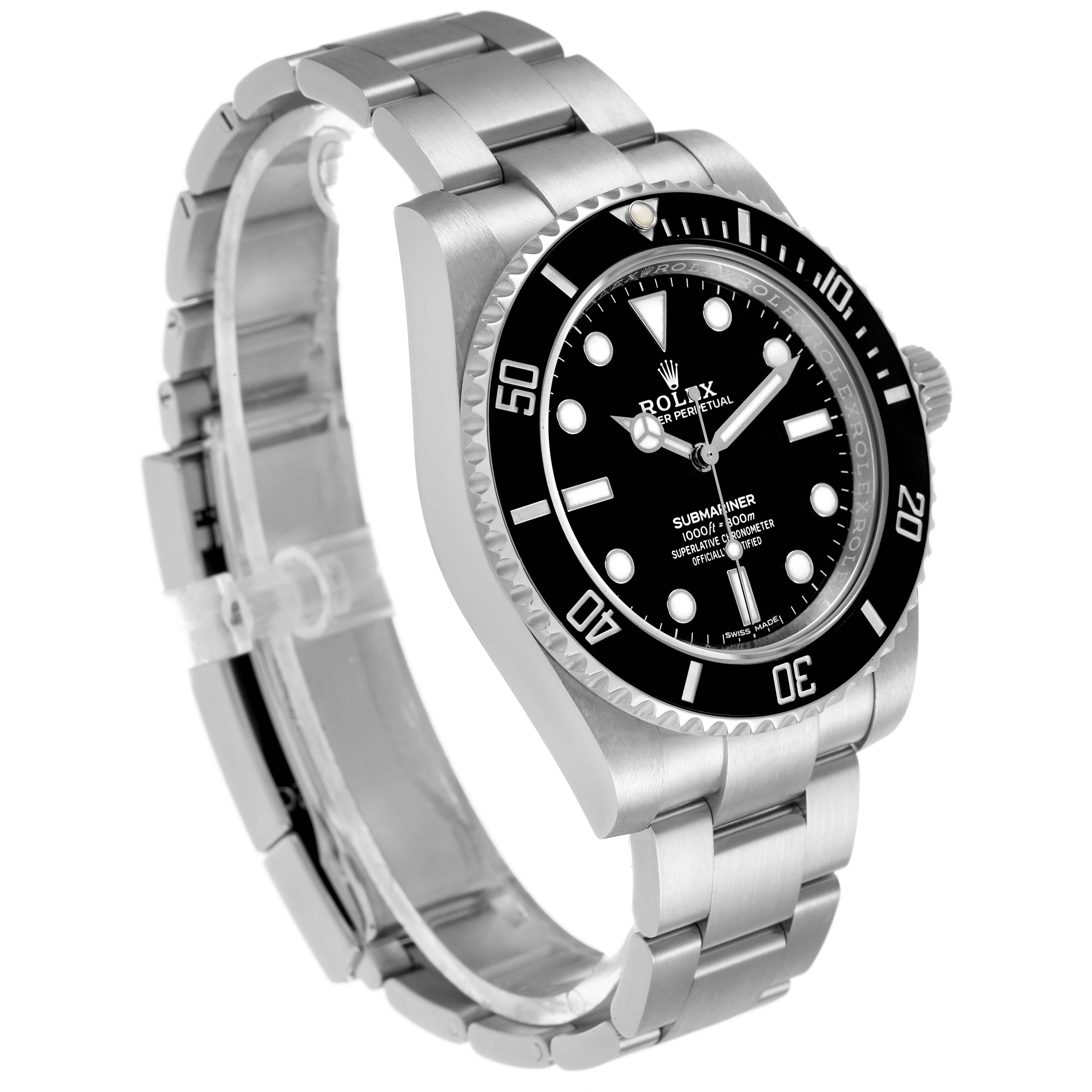 The Rolex Submariner 114060 Men's Stainless Steel Black Dial watch is shown at a tilted angle, displaying the bezel, dial, bracelet, and crown.