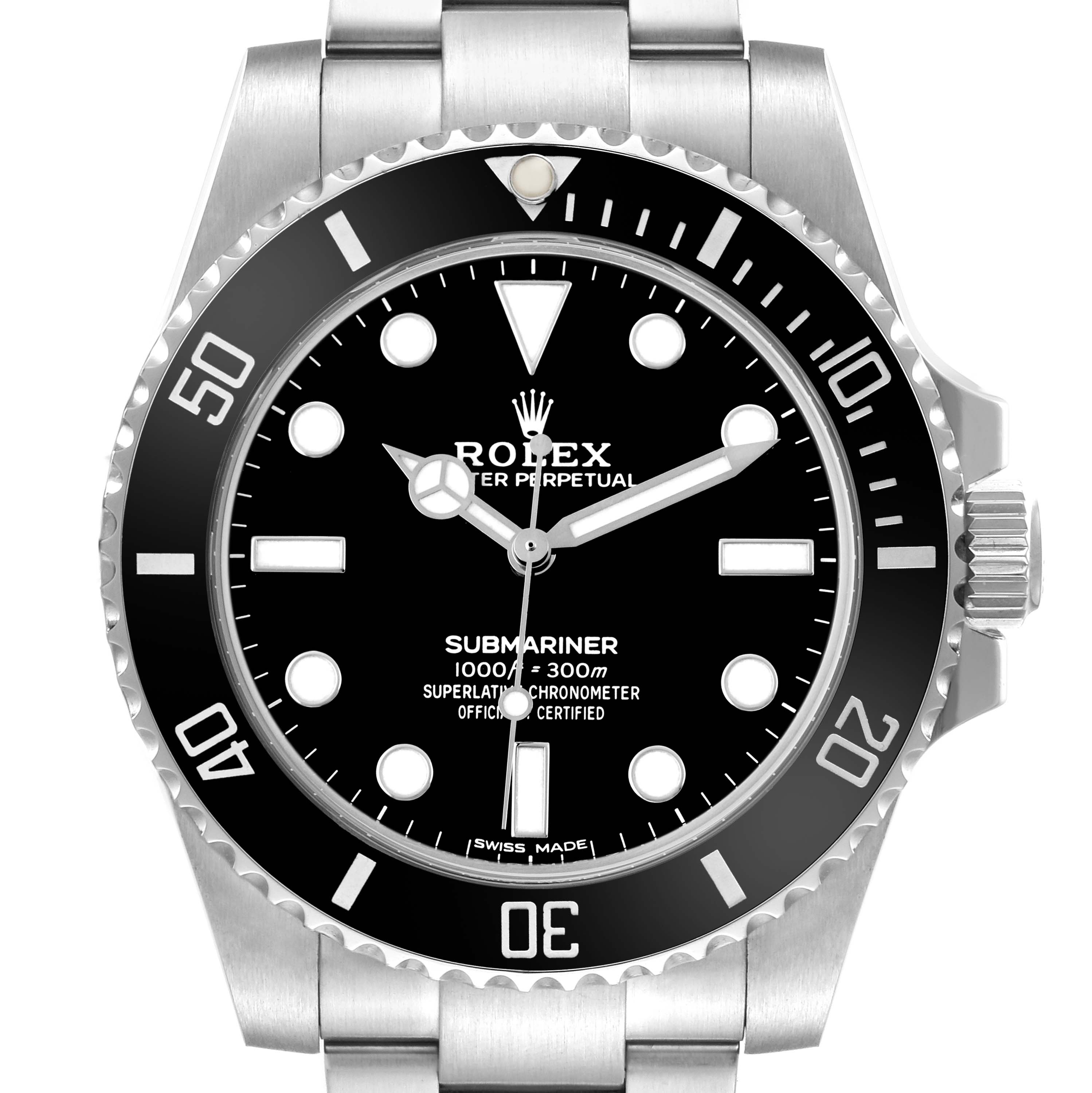 The Rolex Submariner 114060 Men's Stainless Steel Black Dial is shown from the front, displaying the bezel, dial, hands, crown, and bracelet.