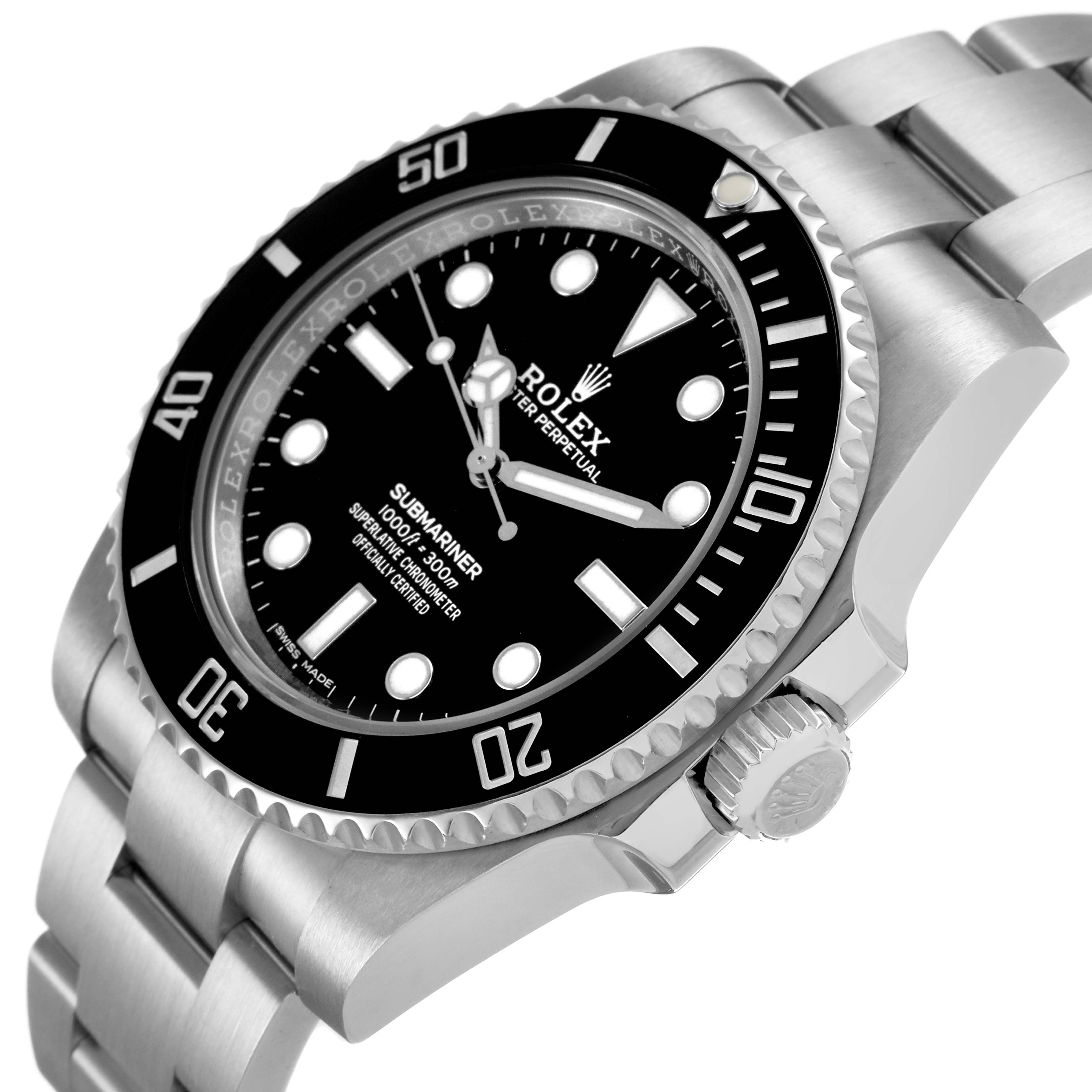 The Rolex Submariner 114060 Men's Stainless Steel Black Dial watch is shown from a tilted angle, highlighting the bezel, crown, and bracelet.