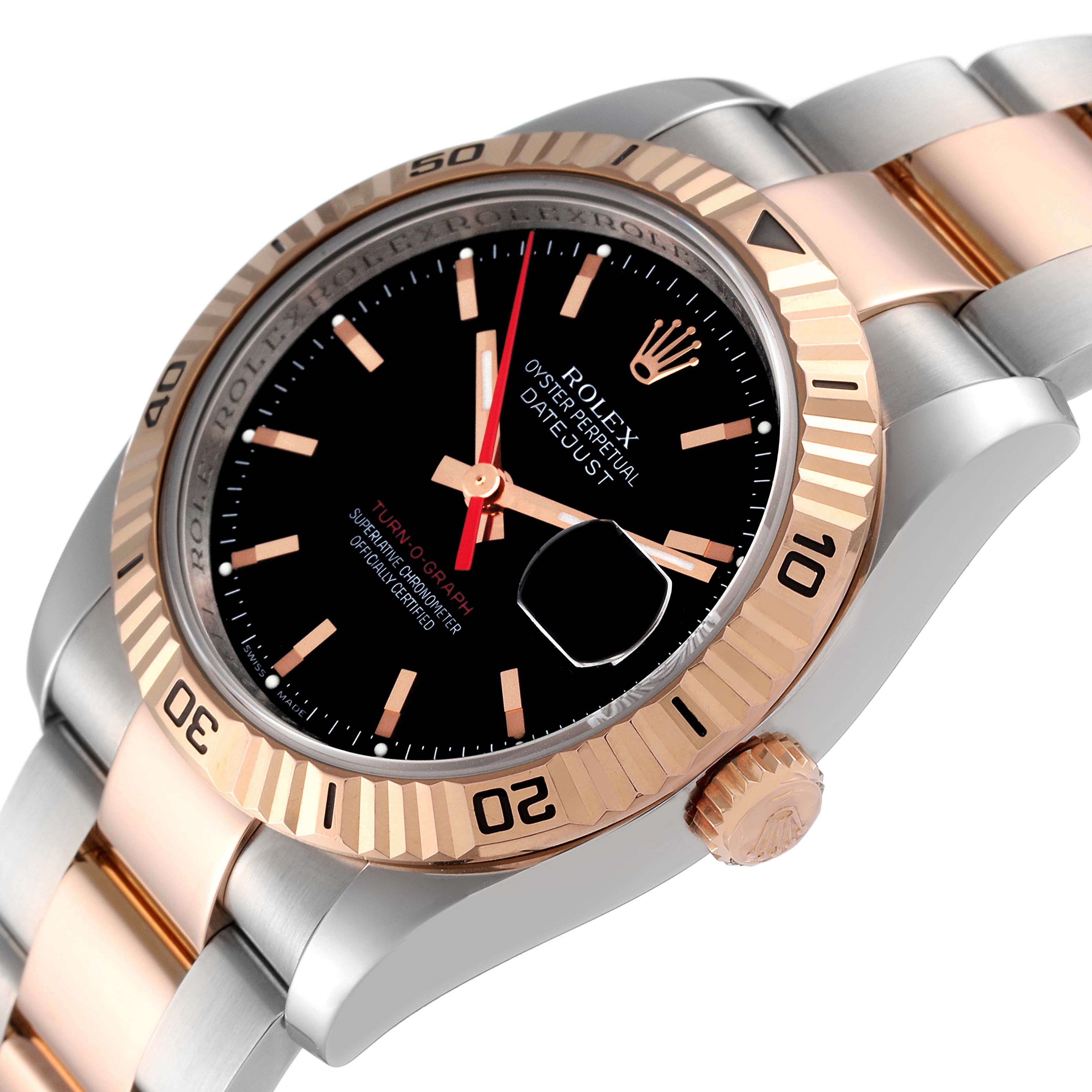 This is a close-up image of a Rolex Turn-o-Graph 116261 Men
s Steel and Gold (two tone) Black Dial 116261 Men
s Steel and Gold (two tone) Black Dial watch, showing the dial, bezel, and part of the bracelet at an oblique angle.
