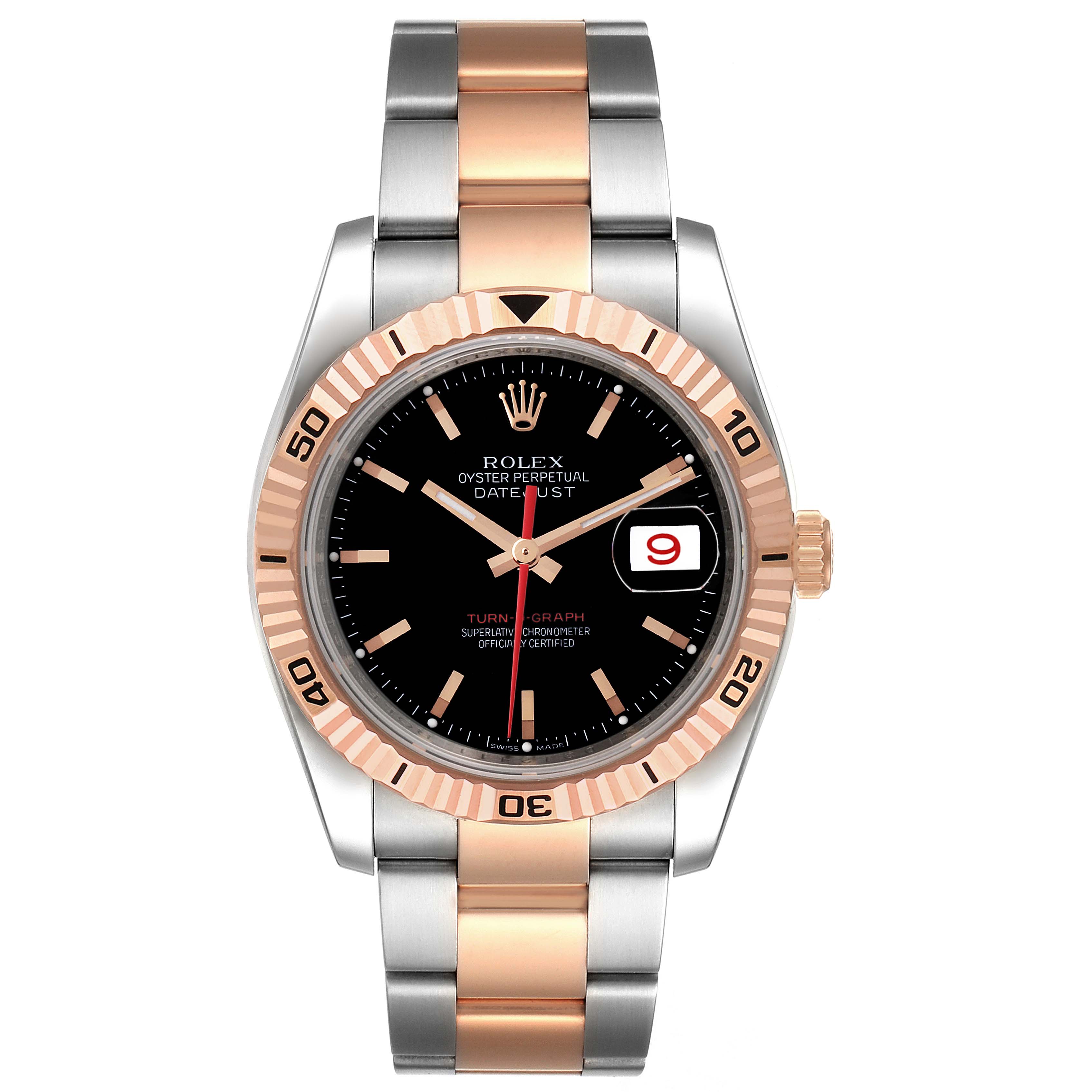 This image shows a front view of the Rolex Turn-o-Graph 116261 Men
s Steel and Gold (two tone) Black Dial 116261 Men
s Steel and Gold (two tone) Black Dial watch, detailing its dial, bezel, and two-tone bracelet.