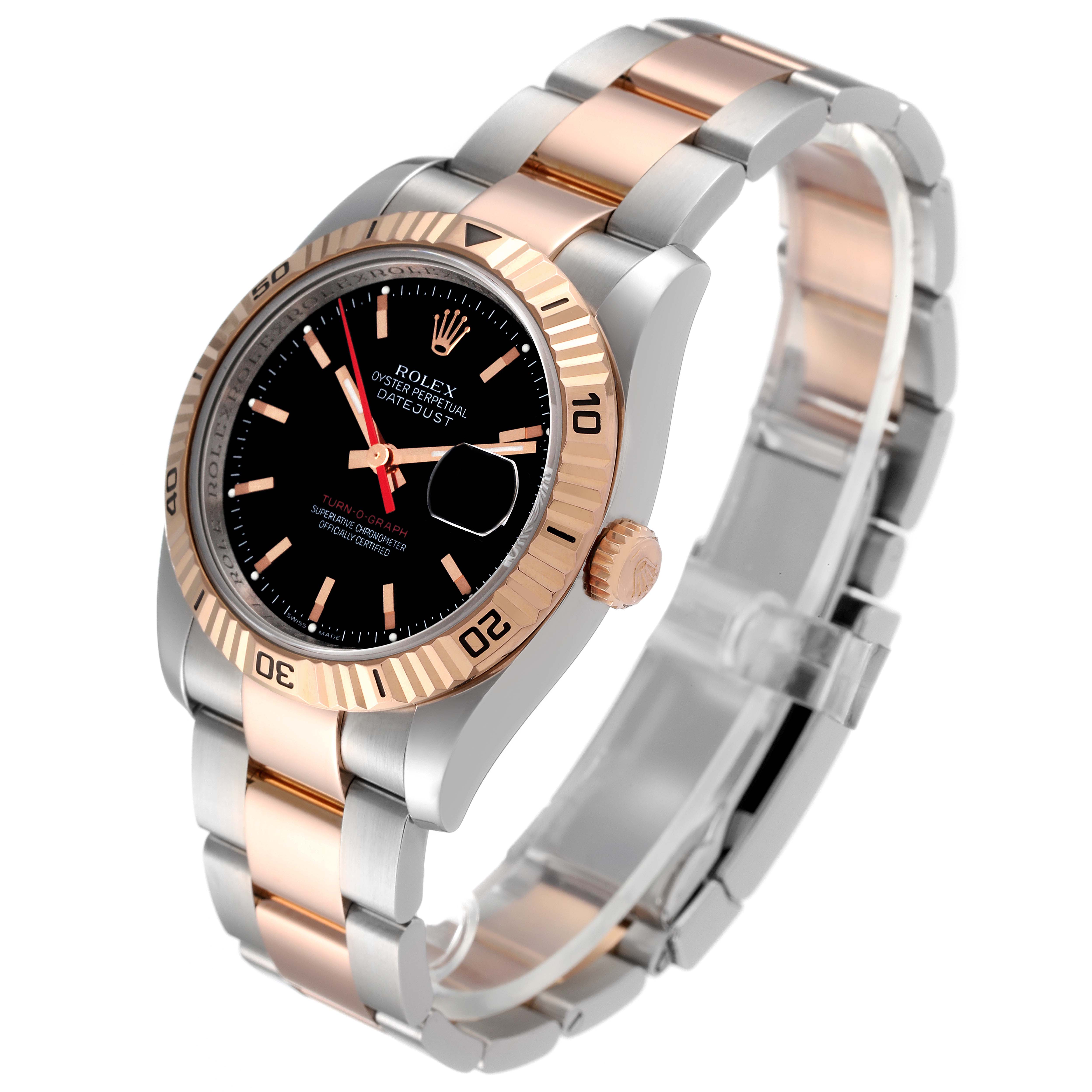 The image shows a Turn-o-Graph Rolex watch viewed from a 3/4 angle, highlighting the face, bezel, and bracelet.