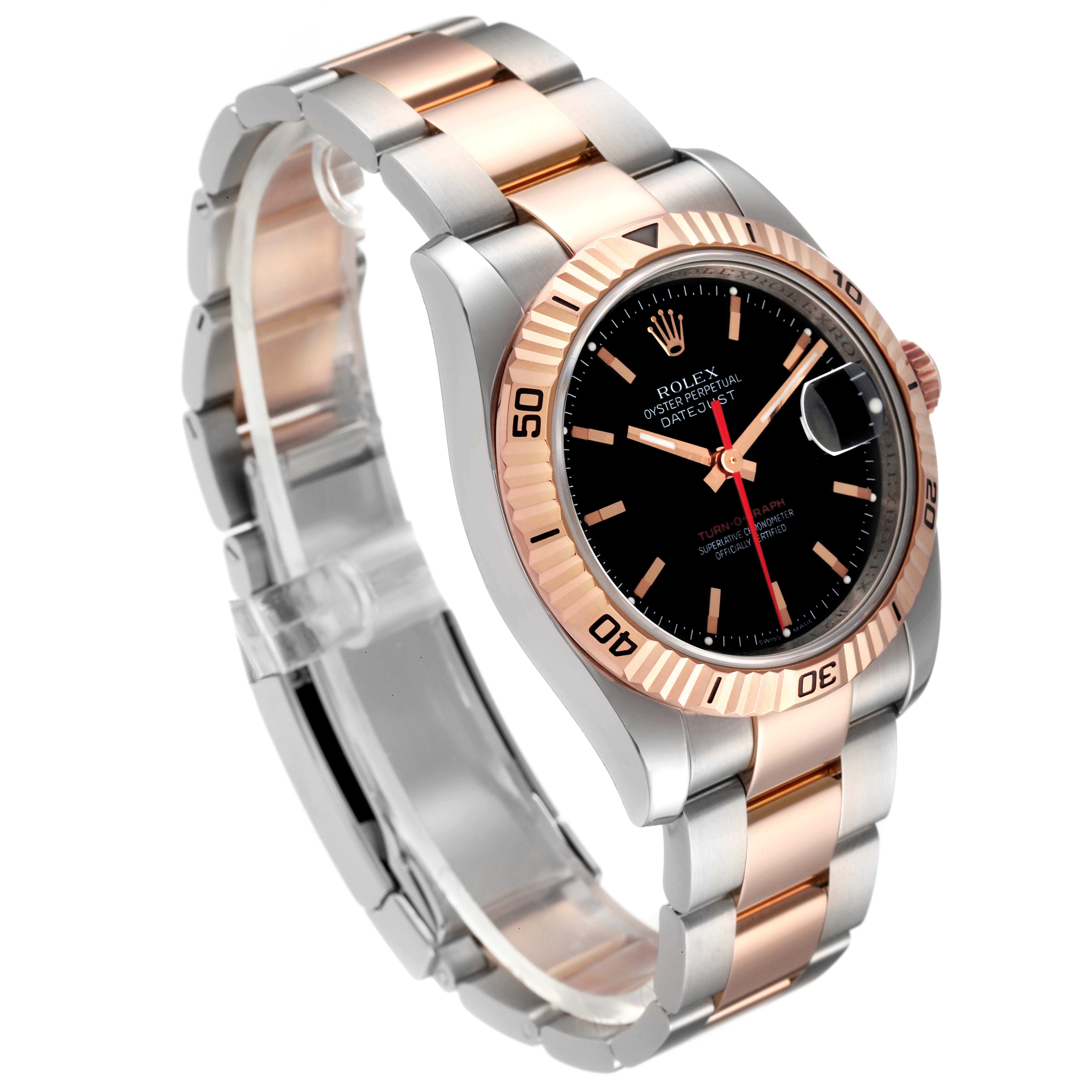 The image shows a side angle view of the Rolex Turn-o-Graph 116261 Men
s Steel and Gold (two tone) Black Dial 116261 Men
s Steel and Gold (two tone) Black Dial watch, highlighting its bezel, bracelet, and dial.