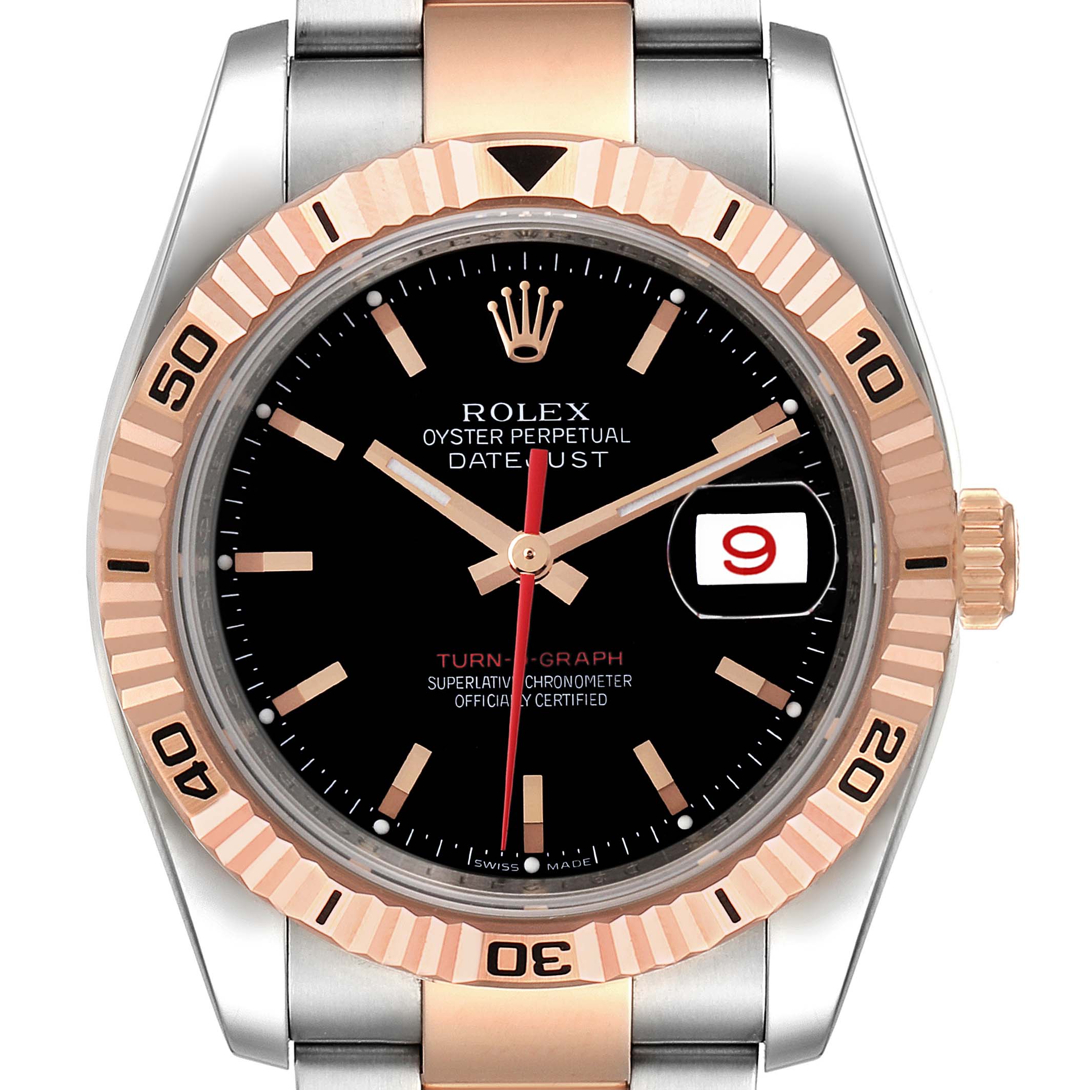 The Rolex Turn-o-Graph 116261 Men
s Steel and Gold (two tone) Black Dial 116261 Men
s Steel and Gold (two tone) Black Dial watch is shown from the front, highlighting its bezel, dial, hands, and date display.