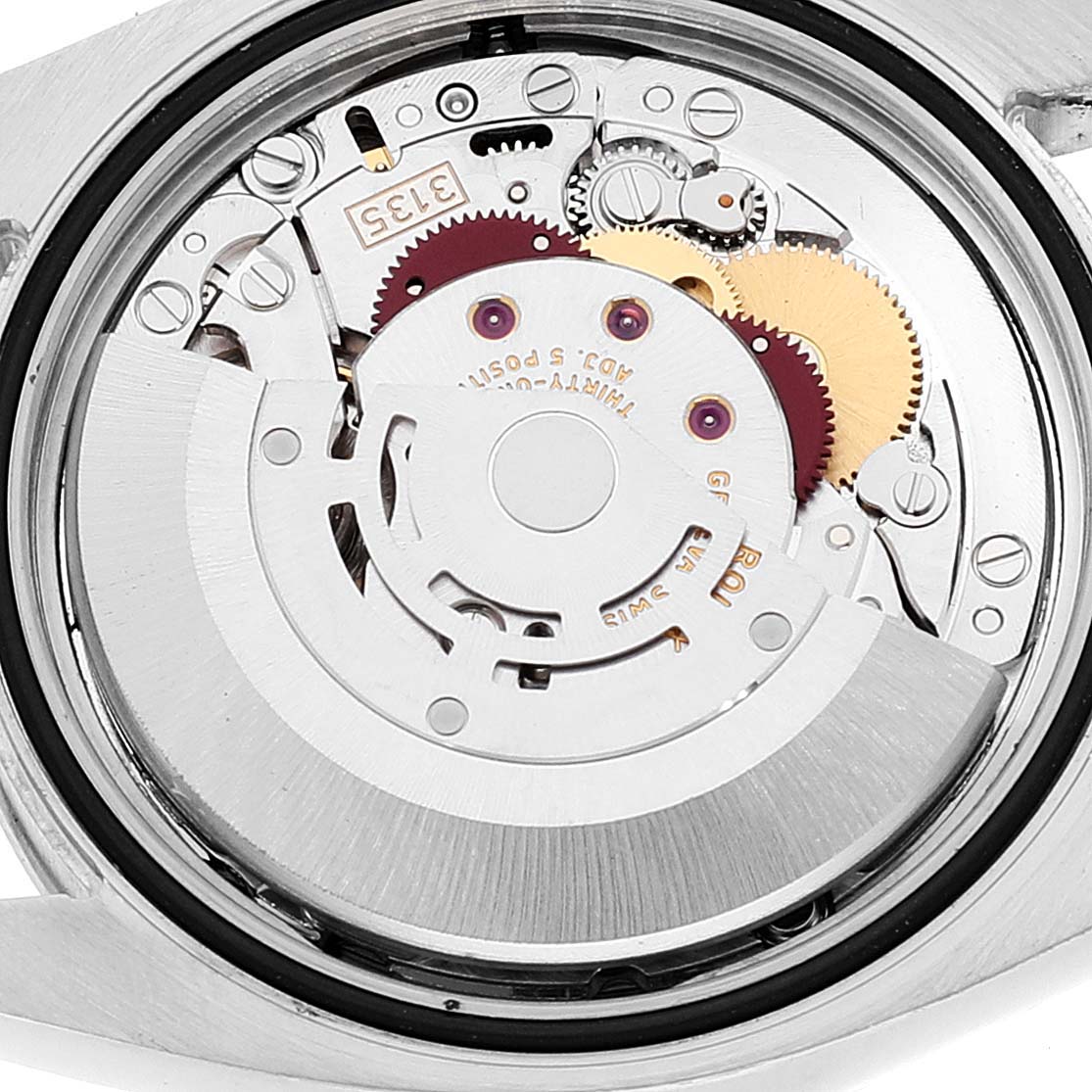The image shows the internal movement mechanism of the Rolex Turn-o-Graph 116261 Men
s Steel and Gold (two tone) Black Dial 116261 Men
s Steel and Gold (two tone) Black Dial watch from a back view angle.