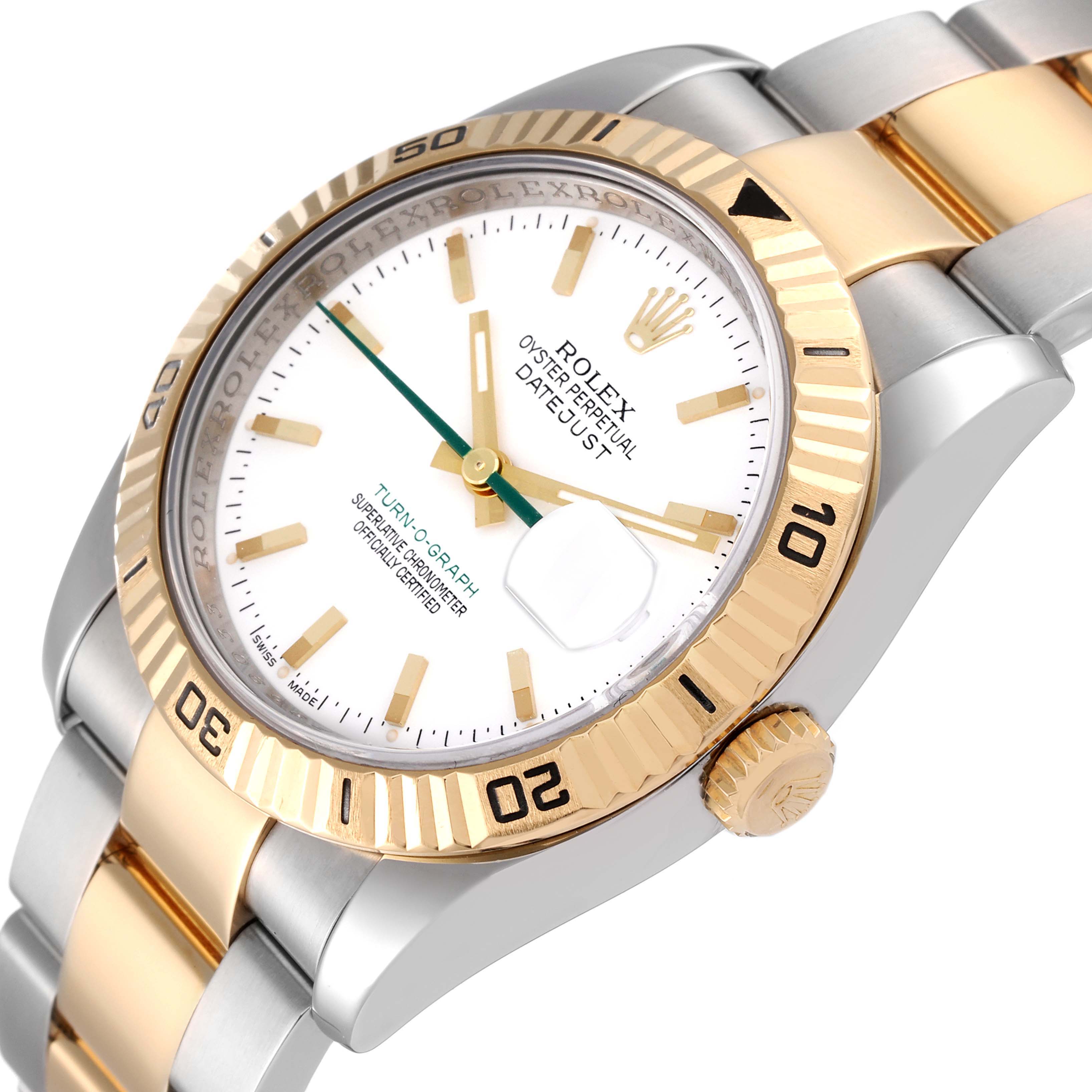 The image shows a close-up of the Rolex Turn-o-Graph 116263 Men
s Steel and Gold (two tone) White Dial 116263 Men
s Steel and Gold (two tone) White Dial watch, highlighting its bezel, crown, dial, and bracelet, viewed from a slight angle.