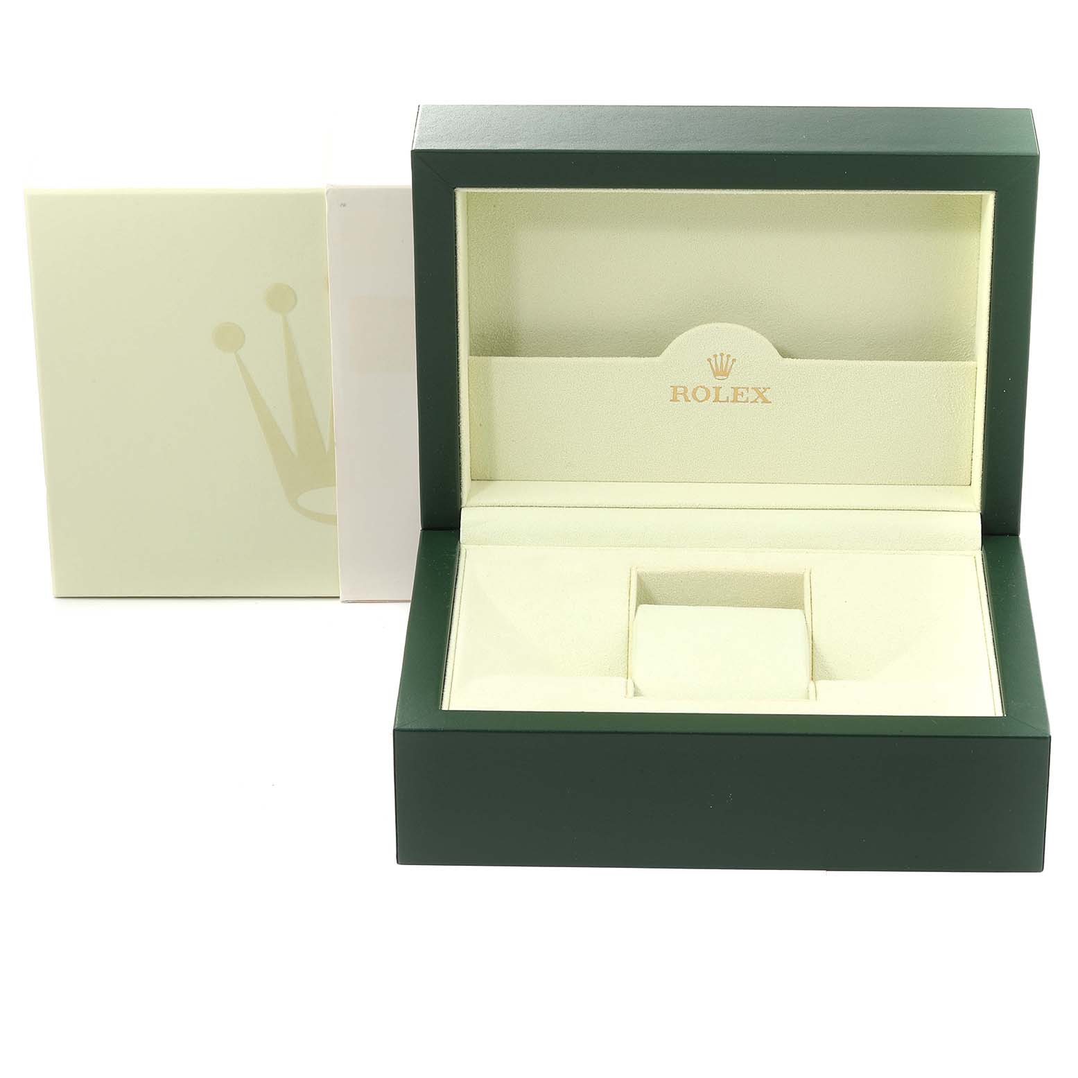 The image shows an open green and cream Rolex box for the Turn-o-Graph model, with a section for storing the watch.