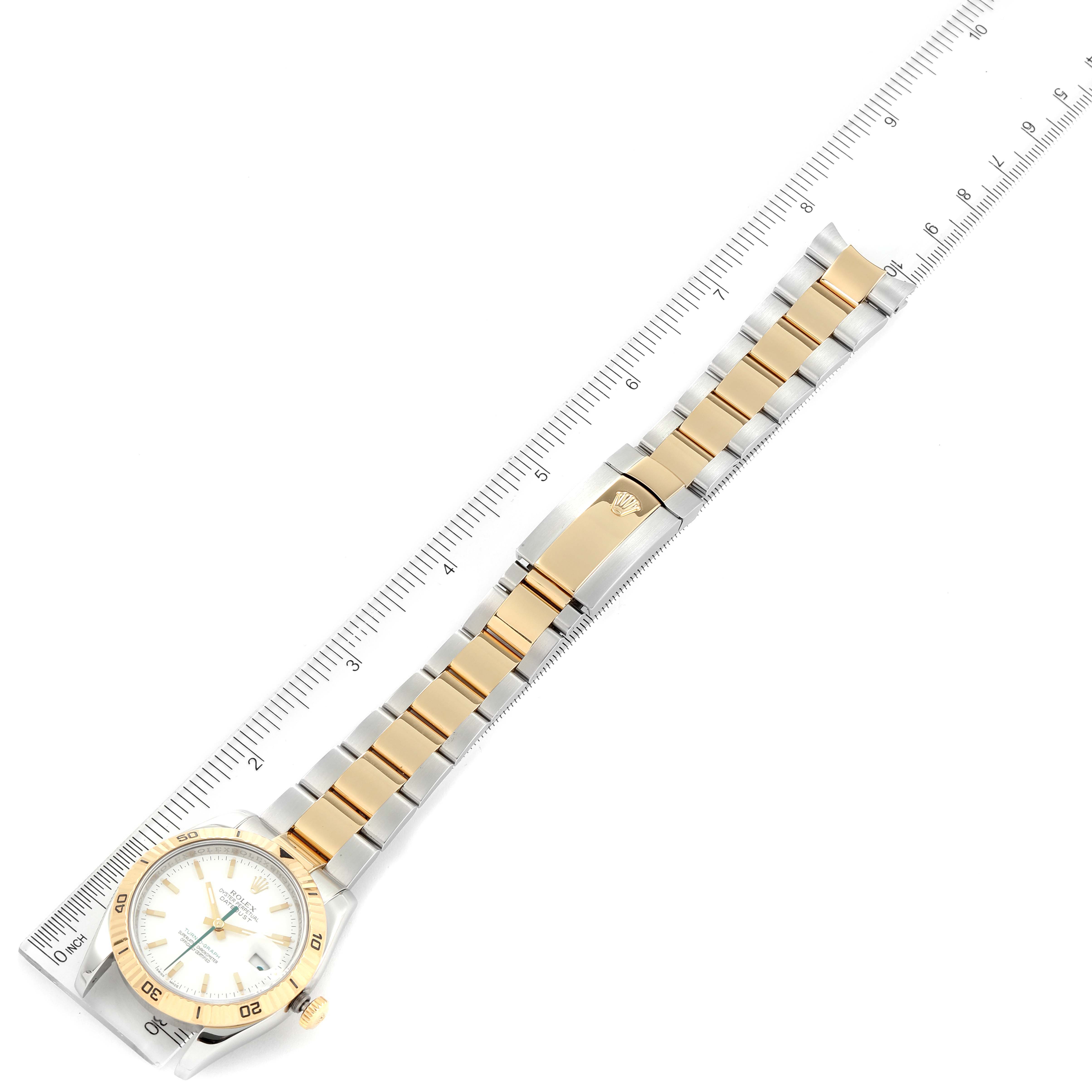 The image shows an overhead view of a Rolex Turn-o-Graph 116263 Men
s Steel and Gold (two tone) White Dial 116263 Men
s Steel and Gold (two tone) White Dial watch, highlighting its face, bezel, and the two-tone bracelet.