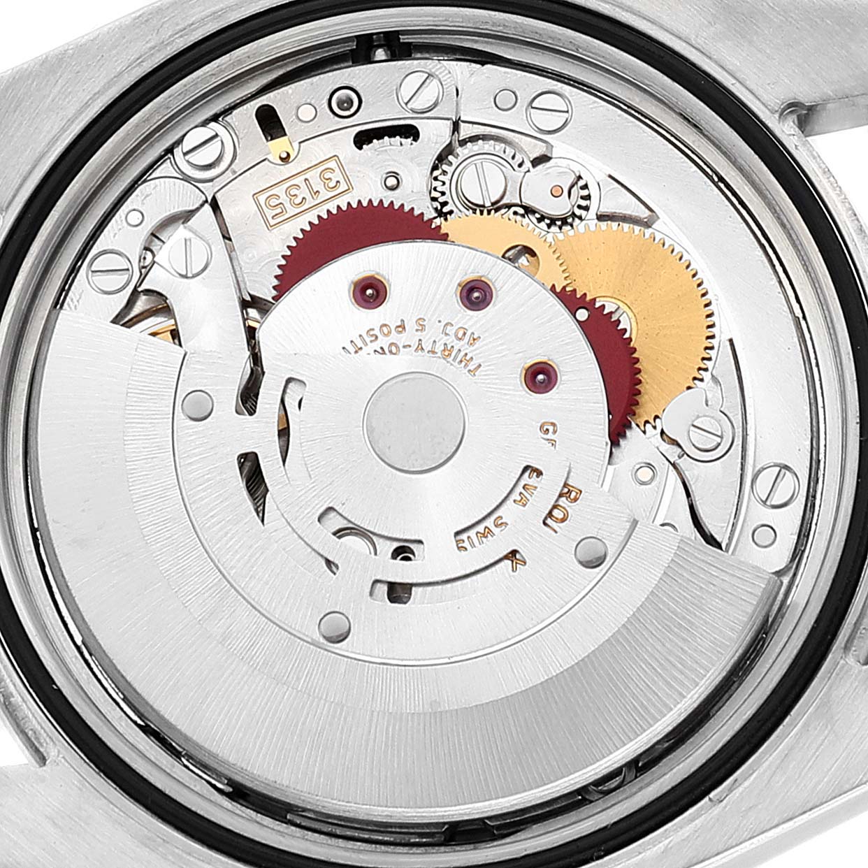This image shows the internal mechanisms of a Rolex Turn-o-Graph 116263 Men
s Steel and Gold (two tone) White Dial 116263 Men
s Steel and Gold (two tone) White Dial watch from a close-up angle.