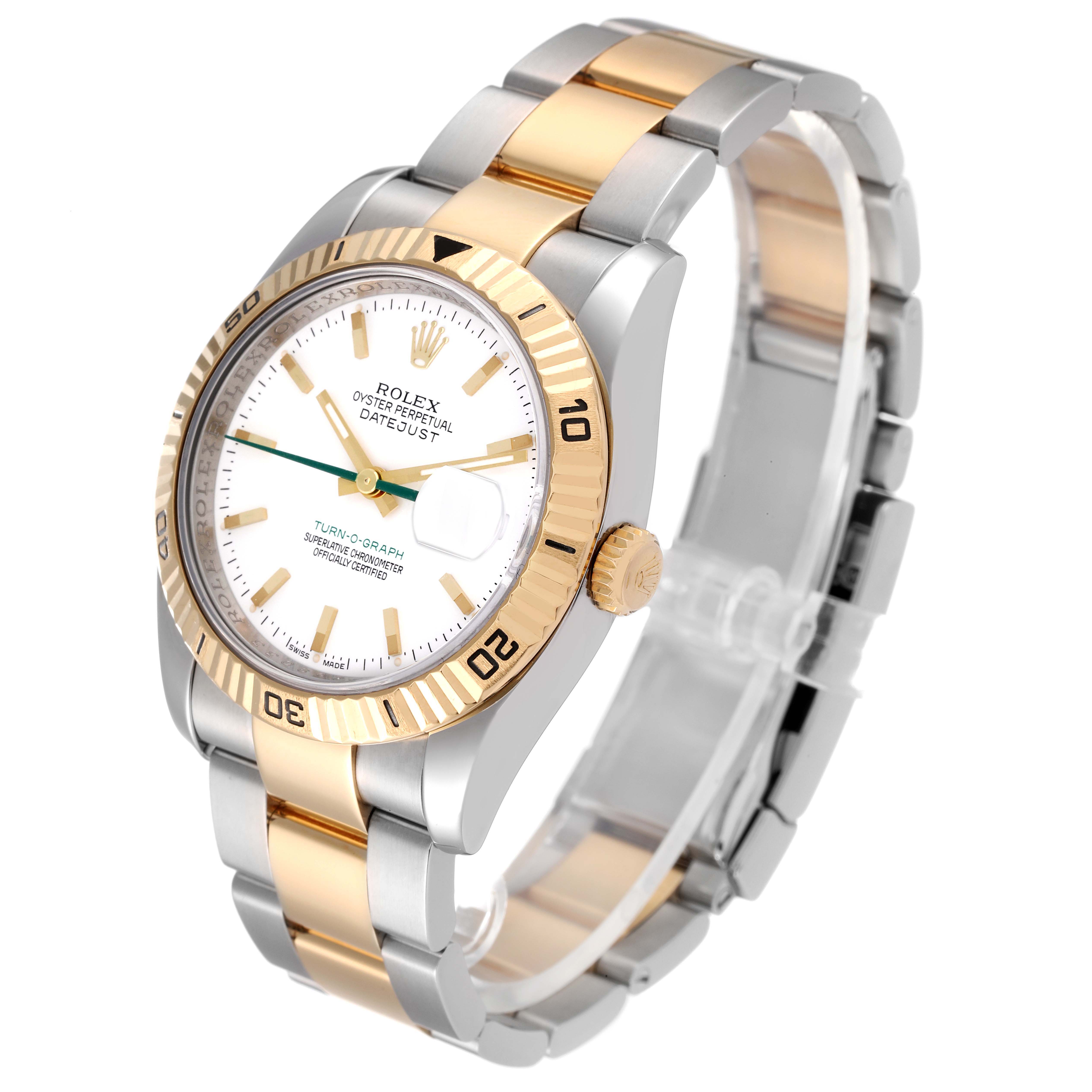 The image shows a Rolex Turn-o-Graph 116263 Men
s Steel and Gold (two tone) White Dial 116263 Men
s Steel and Gold (two tone) White Dial watch at a three-quarter angle, highlighting its gold and steel bracelet and fluted bezel.