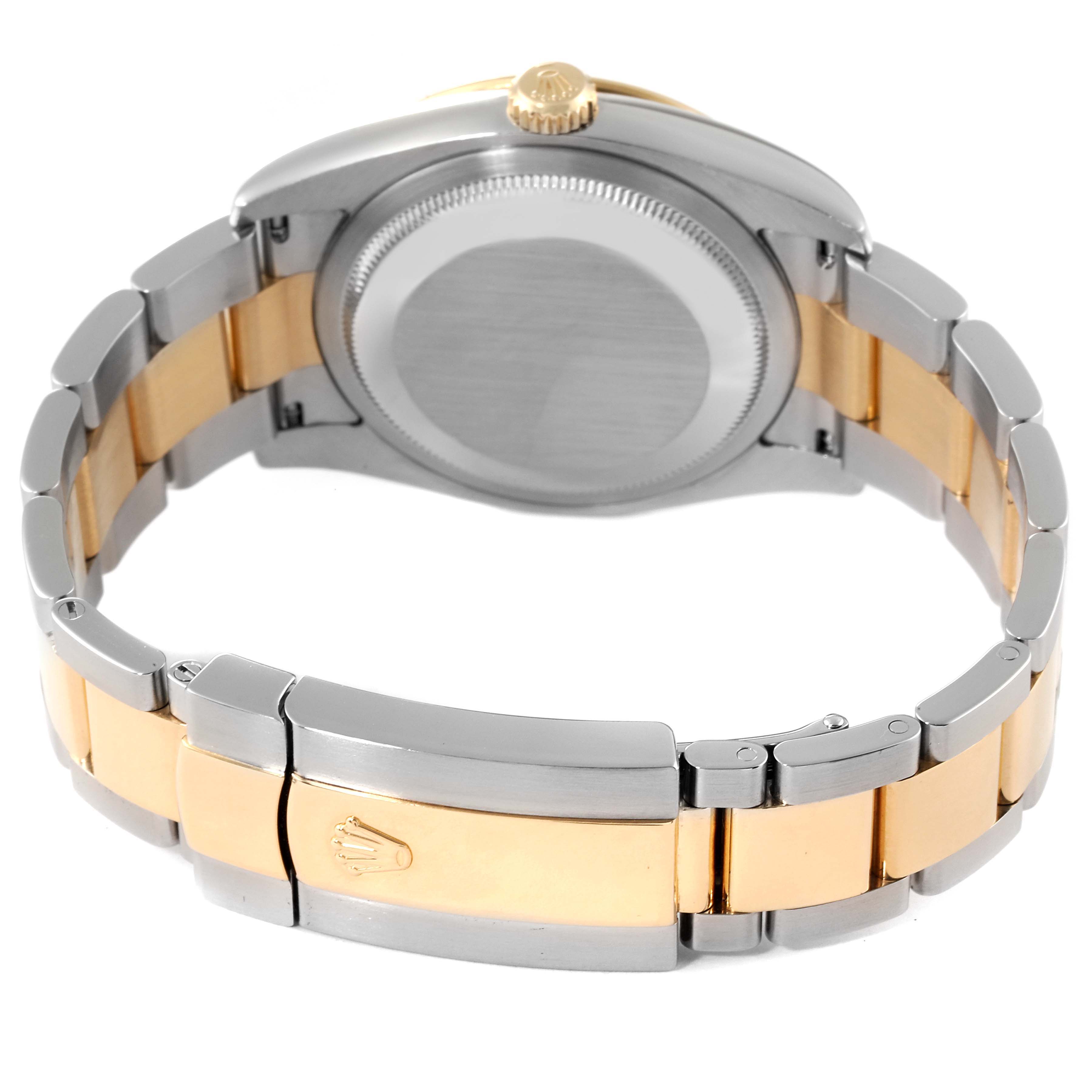 This image shows the back and bracelet of a Rolex Turn-o-Graph 116263 Men
s Steel and Gold (two tone) White Dial 116263 Men
s Steel and Gold (two tone) White Dial watch at an angle highlighting its two-tone design.