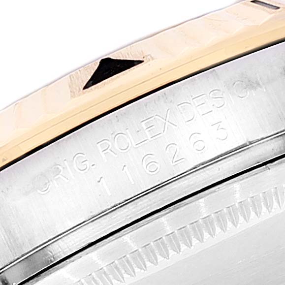 The image shows a close-up of the bezel and case side of the Rolex Turn-o-Graph 116263 Men
s Steel and Gold (two tone) White Dial 116263 Men
s Steel and Gold (two tone) White Dial, highlighting the model number engraving.