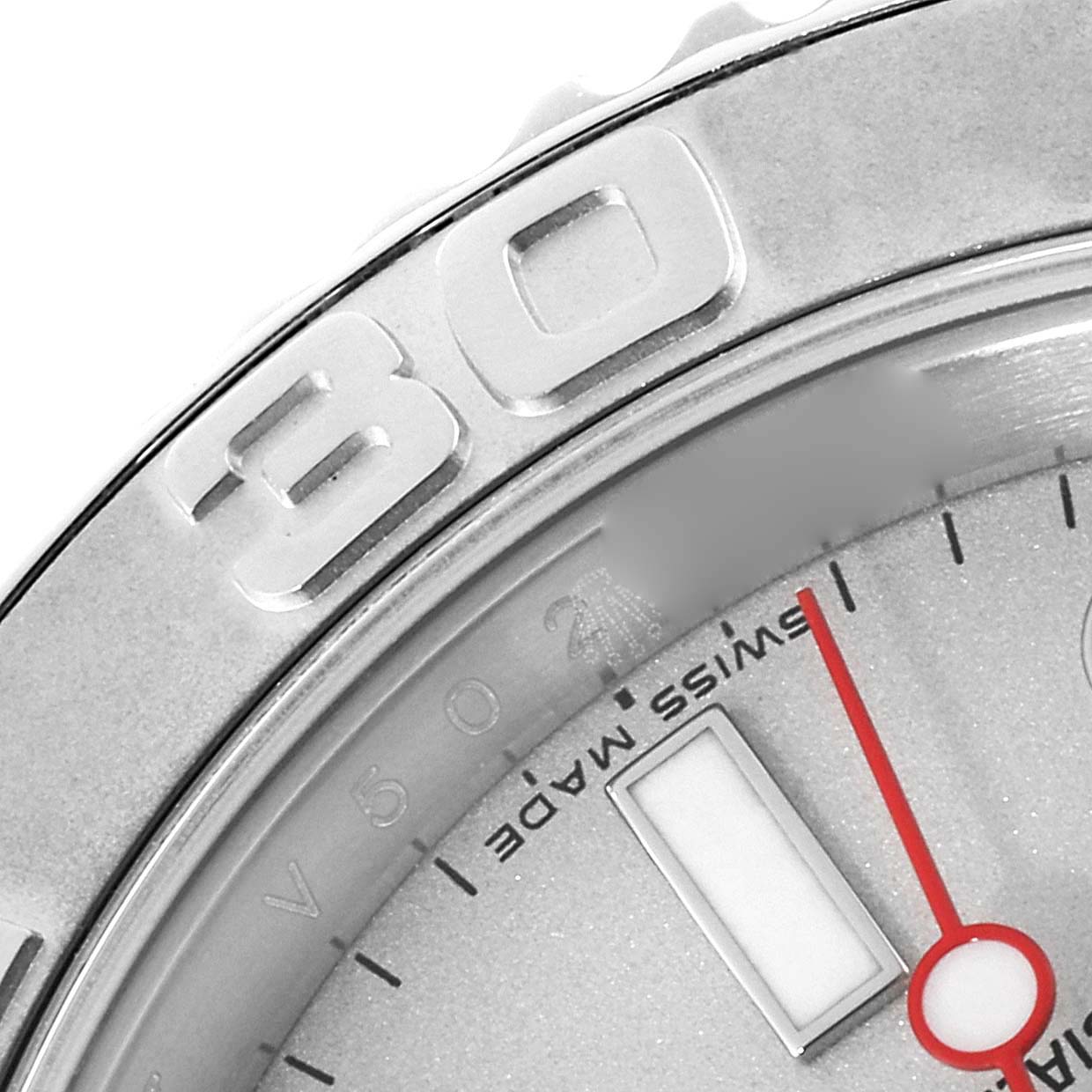 Close-up of the Rolex Yacht-Master 16622 Men's Stainless Steel Silver Dial 16622 Men's Stainless Steel Silver Dial watch showing the bezel with the "30" marking and part of the dial and hands.