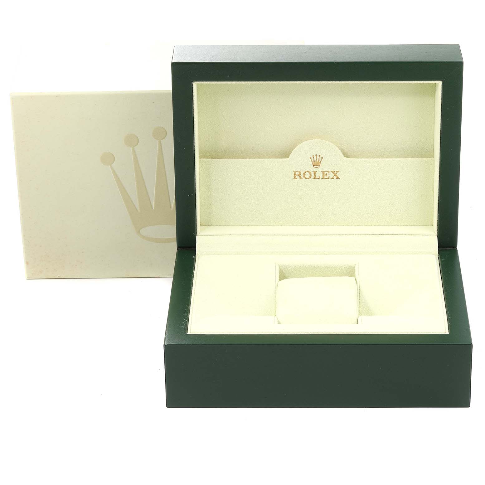 The image shows an empty green and beige Rolex watch box for the Yacht-Master model, with a cushion for the watch.