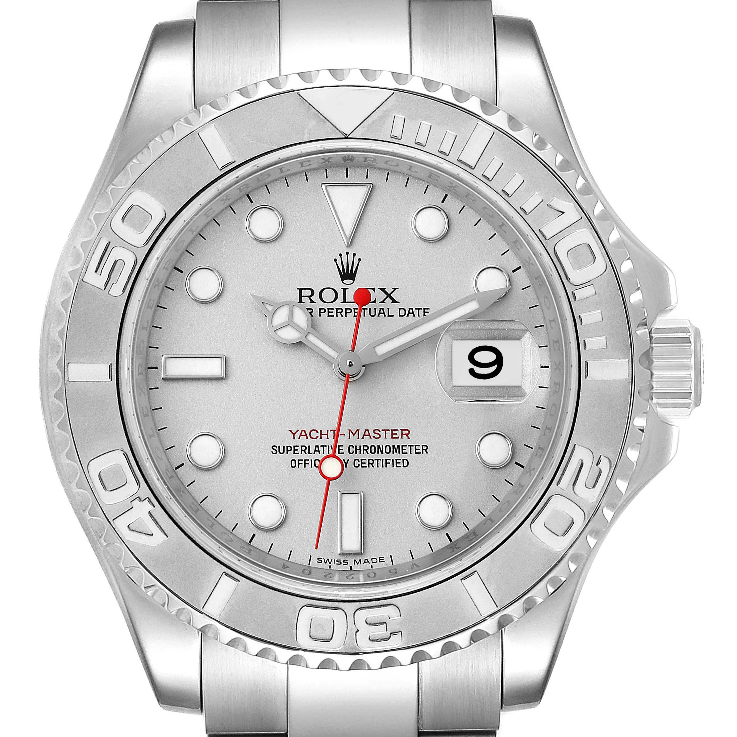 This image shows a front view of the Rolex Yacht-Master 16622 Men's Stainless Steel Silver Dial 16622 Men's Stainless Steel Silver Dial watch, displaying the dial, bezel, and part of the bracelet.